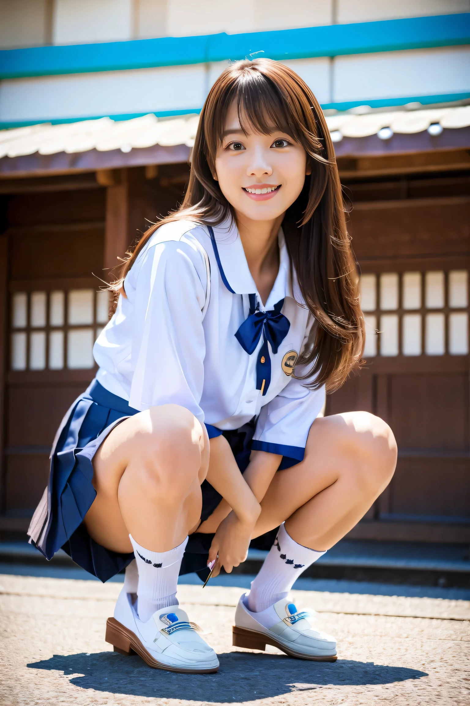 ((Dark blue socks)) Place your hands on your knees ((Brown Loafers)Blonde、((White panties are visible))(Squatting panchira)double eyelid Eyelashes Beautiful and fine details、Ultra-detailed、High resolution、transcendental beauty highest quality、masterpiece、、(Japanese high school girls uniform))、Extremely detailed representation School classroom Highly detailed appearance 21 year old girl、Positive、((Dynamic Pose)))、(Sit with your knees bent))、Pleated skirt、Ribbon 1,2. upward glance smile Low angle