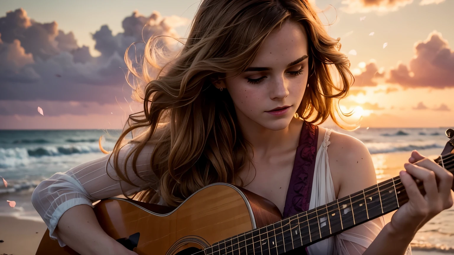 ((best quality)), ((masterpiece)),(detail), perfect face, full body shot of emma watson playing guitar by the beach, a purple sunset, rose petals flying across the sky, woman wearing a silk dress, woman with blonde and curly hair, beautiful long curly hair, with setting sun, romantic style, retro vintage and romanticism, blurred background image, sunset light, golden sunshine, roses, very lots of flying flower petals, rose petals stuck in hair, warm orange background color, subject takes up 1/3 of the frame, hyper-realistic photos, 8k, ultra high resolution, sharp faces