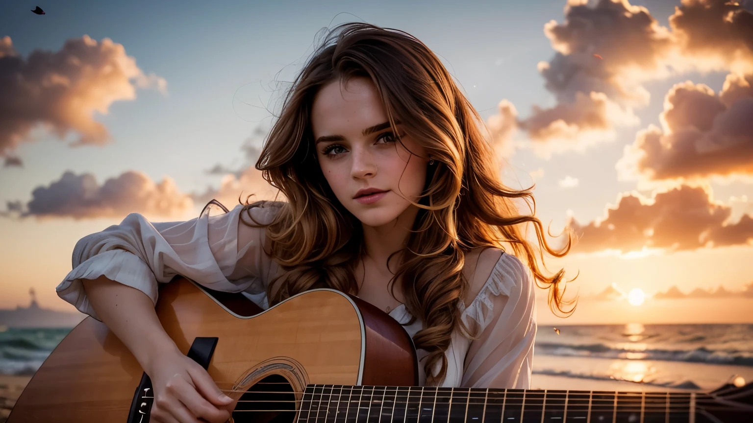 ((best quality)), ((masterpiece)),(detail), perfect face, full body shot of emma watson playing guitar by the beach, a purple sunset, rose petals flying across the sky, woman wearing a silk dress, woman with blonde and curly hair, beautiful long curly hair, with setting sun, romantic style, retro vintage and romanticism, blurred background image, sunset light, golden sunshine, roses, very lots of flying flower petals, rose petals stuck in hair, warm orange background color, subject takes up 1/3 of the frame, hyper-realistic photos, 8k, ultra high resolution, sharp faces
