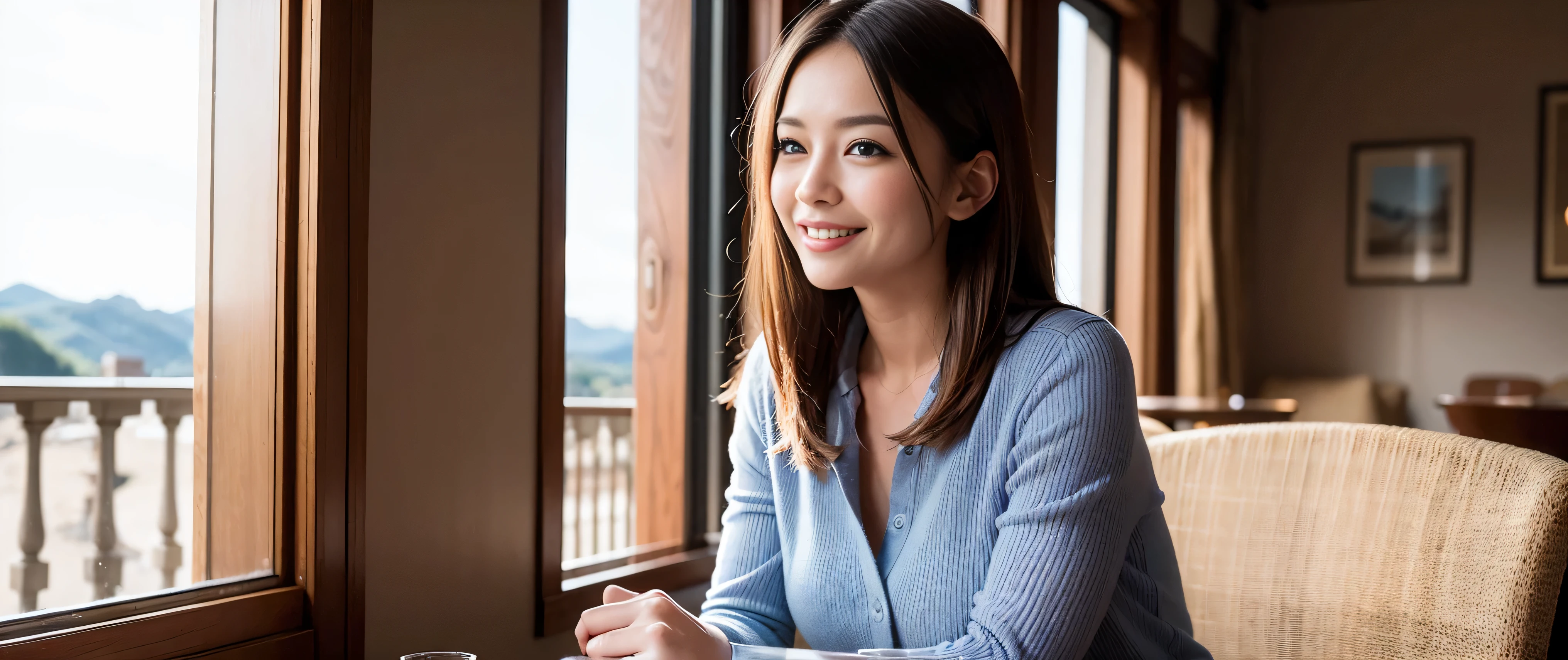 ((highest quality、8k、masterpiece:1.3))、Sharp focus:1.2、Beautiful woman perfect body:1.4、Slim body、((Bob Hale、Straight hair:1.2))、(to be born, highest quality, masterpiece:1.5), (Realistic, Intricate details:1.2), Ultra-high resolution, Spectacular view of the sunset sky and clouds、Amazing mountain views、A bright smile、A lovely woman with a smile、Bright image、2. Wine Beauties, Beautiful Face, blue eyes, The light shines on your face, Blushing, short hair,Bright face、Fox face、 (44 years old), 39 years old, Lady、red wine 、hors d'oeuvre、Italian food、wine bottle、Champagne、sparkling wine、two beauties、brown hair、Shortcuts、Long sleeve shirt、dress、Pretty Woman 1, (slim face), (The body is slim), (brown hair), (Shortcuts), cheeks turn a little red,charming beauty、, Out of the window, A beautiful and detailed night view unfolds.........., restaurant, In a prominent place (From the waist up) nova frog style, actress, model, Upper Body, White wine, slim, wine glass, wine glass placed in the middle, smile, (smile: 1.15), Beautiful fine grain, Depth f/2,saturation, High Contrast, Strong light and shadow,Moist Body:1.5、3D texture、Delicate eyes、brown hair、The hair is very shiny、