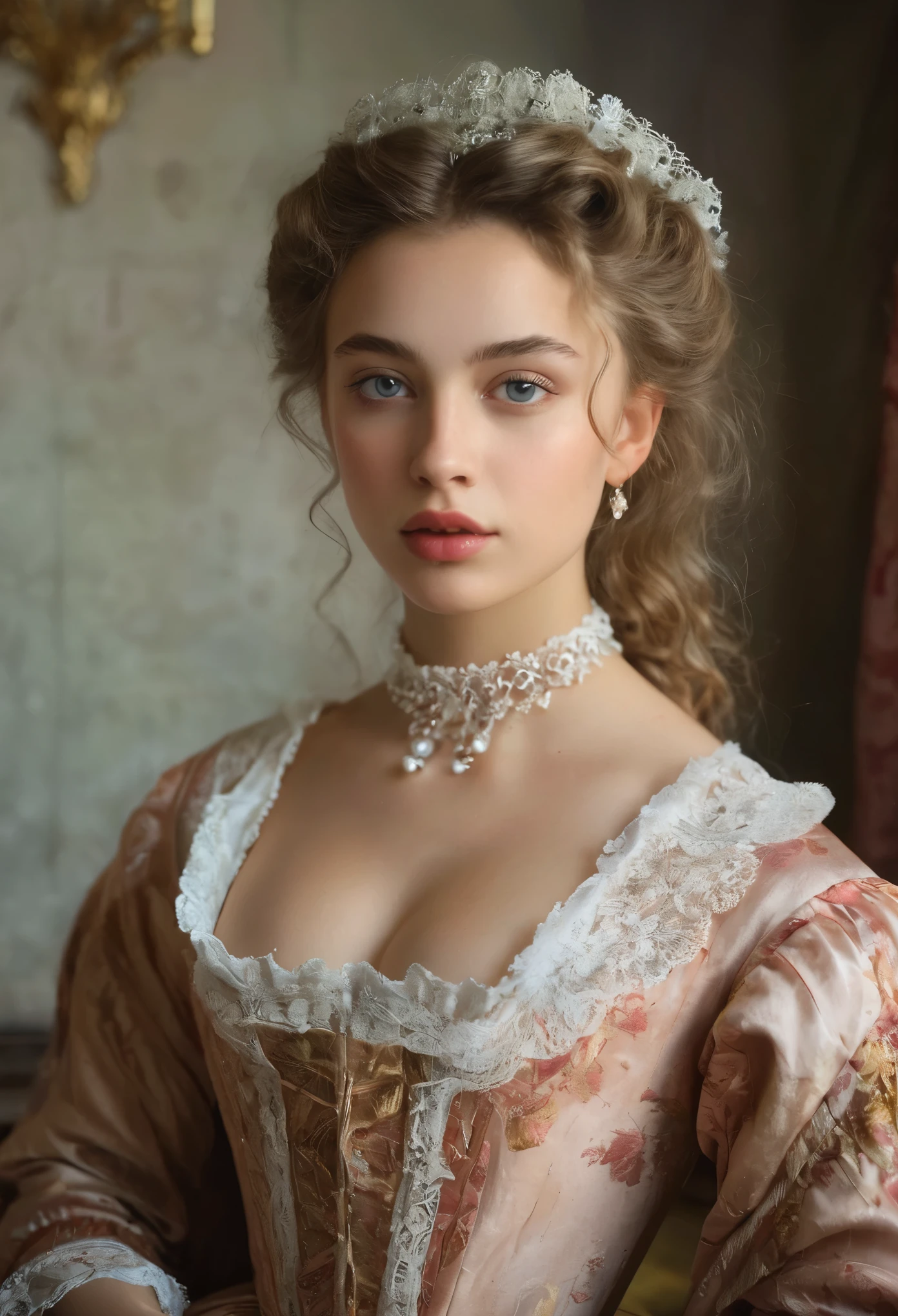 (best quality,4k,8k,highres,masterpiece:1.2),ultra-detailed,(realistic,photorealistic,photo-realistic:1.37),portrait,painting,pastels,personalized masterpiece,18th century,Russian,aristocratic,girl,noble daughter,14 years old,extremely beautiful,face,expressive eyes,delicate nose,luscious lips,porcelain skin,rosy cheeks,flowing curls,silky dress,stately posture,fine jewelry,embroidered lace collar,grand background,opulent interior,faint golden light
