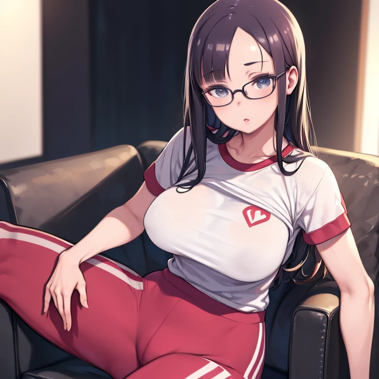 A girl is sitting on a chair in a cafe and looking at the camera,(Unreal Engine 5)), Realistic rendering, wonderful, (T-Shirts:1.4), (Open_Tracksuits:1.4), Glasses, (Yoga pants), nude, Mature Woman, mature, A girl standing in the studio, Beautiful Face, (K-pop makeup), CGI Mix, (Photorealism:1.2), Ultra-Realistic UHD Faces, (hugeな_Counterfeit_chest:1.4), (huge_chest:1.2), (Muscle AG_Butt),Open legs, (Wide Hips), (Thick thighs), Narrow waist, Hourglass Shape, Half Body, ((Glowing Skin)), ((Shiny skin)), Realistic perfect body, ((she )), ((Beautiful Skin)), Realistic, Bokeh, Motion Blur, (Background Blur:1.4), masterpiece, High resolution, 1080p, Super Detail, Textured skin.