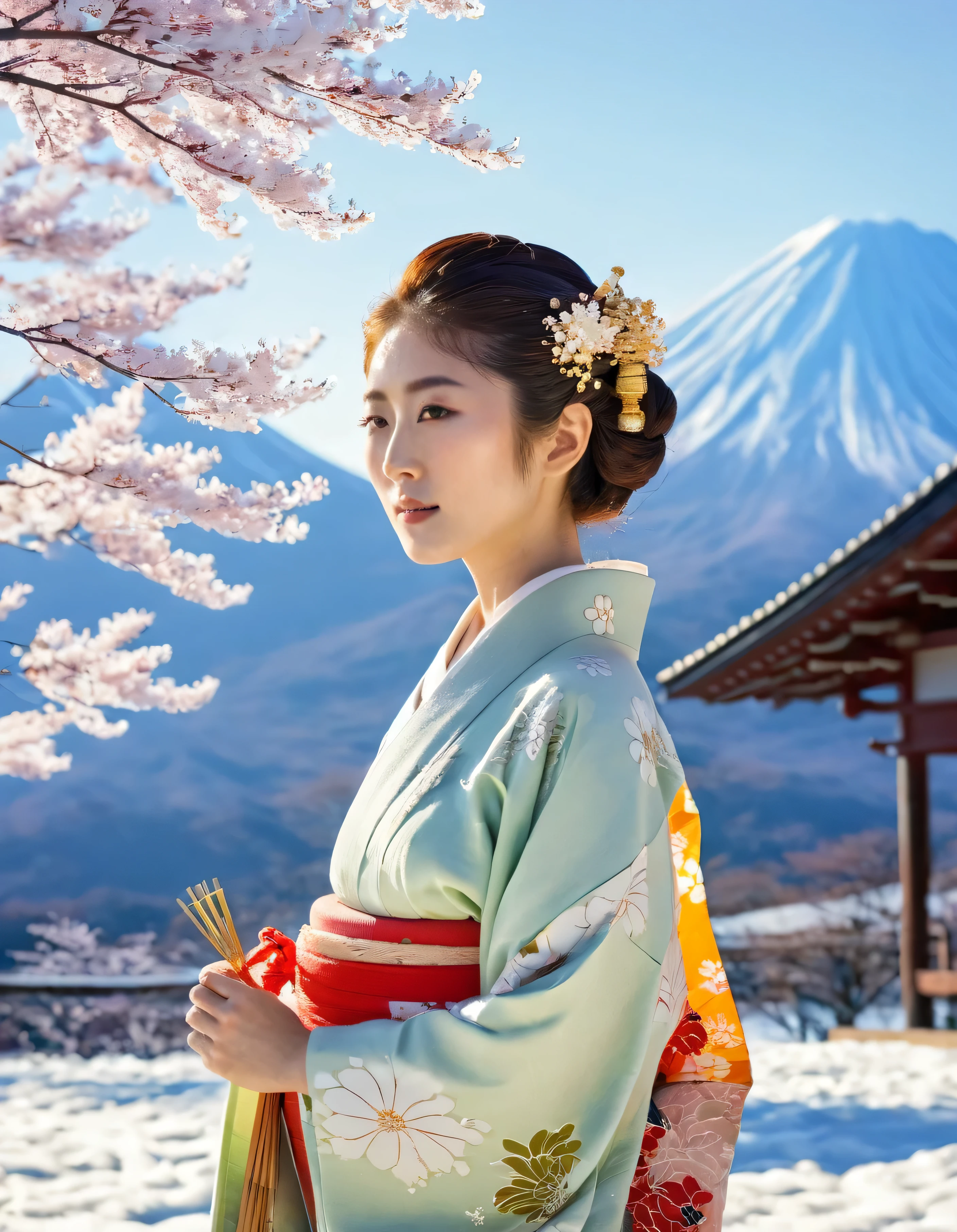 ((Half body Portrait of Beautiful Young Japanese Woman )), (( Traditional kimono outfit)), High-class Lady,( Meiji Fashion Style),(( Vintage Color Photo)),((Outdoor photography in a beautiful meadow)) (( In the background is Mount Fuji with snow covering the top.)), ((Good weather and Bright clear sky above)), Soft shadows Super-Resolution, Megapixel, ProPhoto RGB, VR, Spotlight, Frontlight, Halfrear Lighting, Backlight, Rim Lights, Rim Lighting, Artificial Lighting, Natural Lighting, Incandescent,The images are very realistic.,documentary photography, Photos for advertising,fashion for travel,Japan
