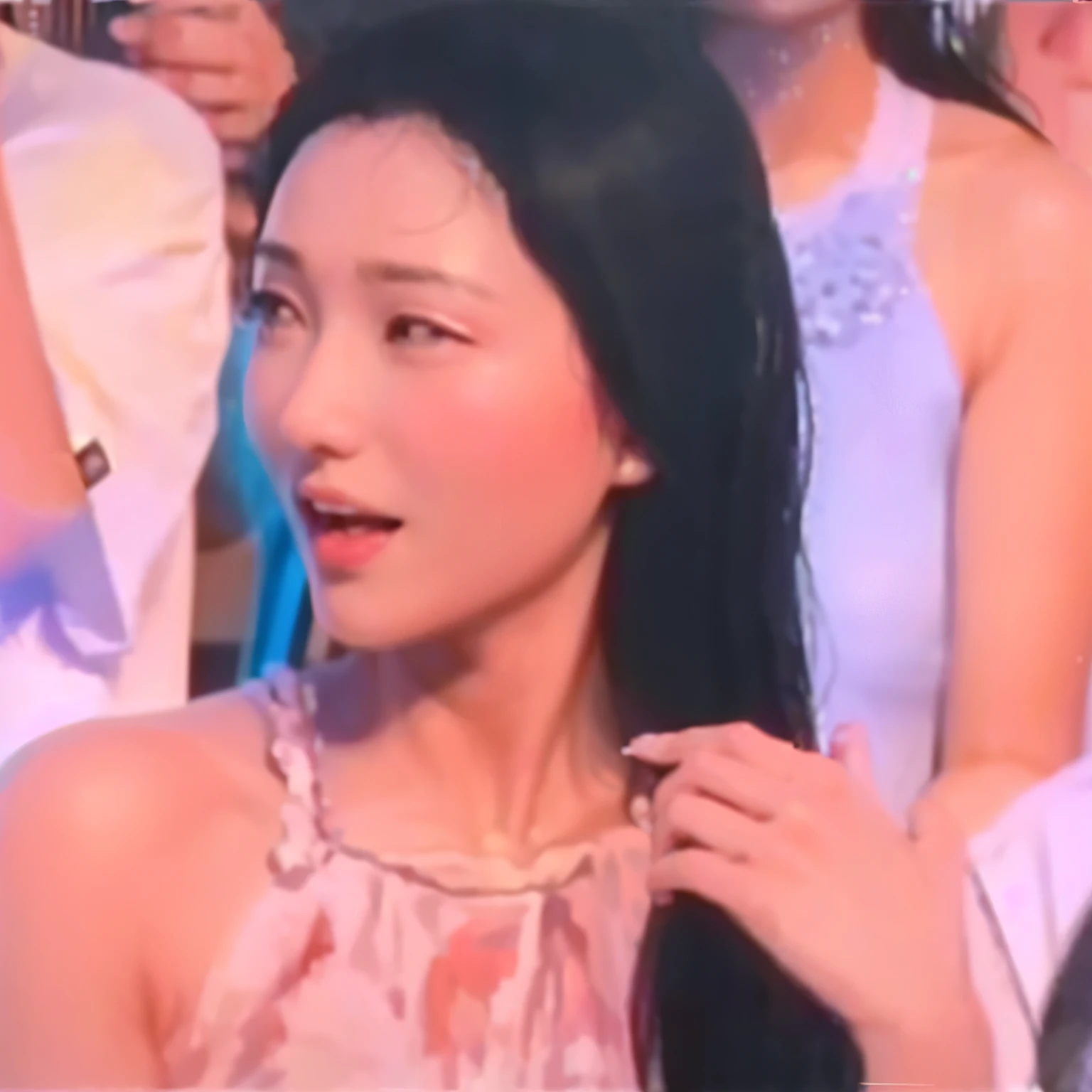 there is a woman that is holding a cell phone to her ear, japanese tv show, sui ishida with black hair, li bingbing, so happy that her face hurts, perfume, full heart - shaped face, itsuko azuma, ahhhhhhh, awwwww, forming a heart with their necks, mariko mori, kiyoko suzuki