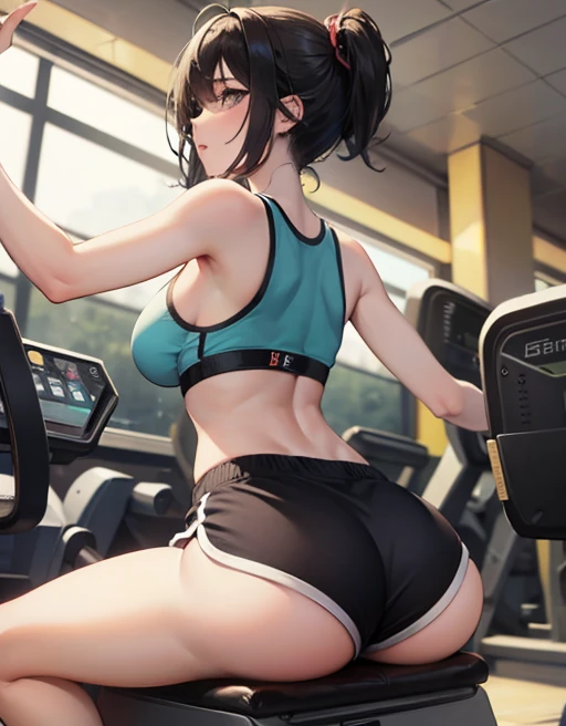 Masterpiece、Highest quality、18 year old Japanese female、Girl straddling a bike saddle cushion at the gym, Dolphin Shorts,Big Ass、Sexy buckshot、Emphasize the buttocks、Black Hair、short hair、big breasts、protruding butt、showing off his butt to the audience、Anatomically correct body depiction、anime、CG、2.5D、Curved waist