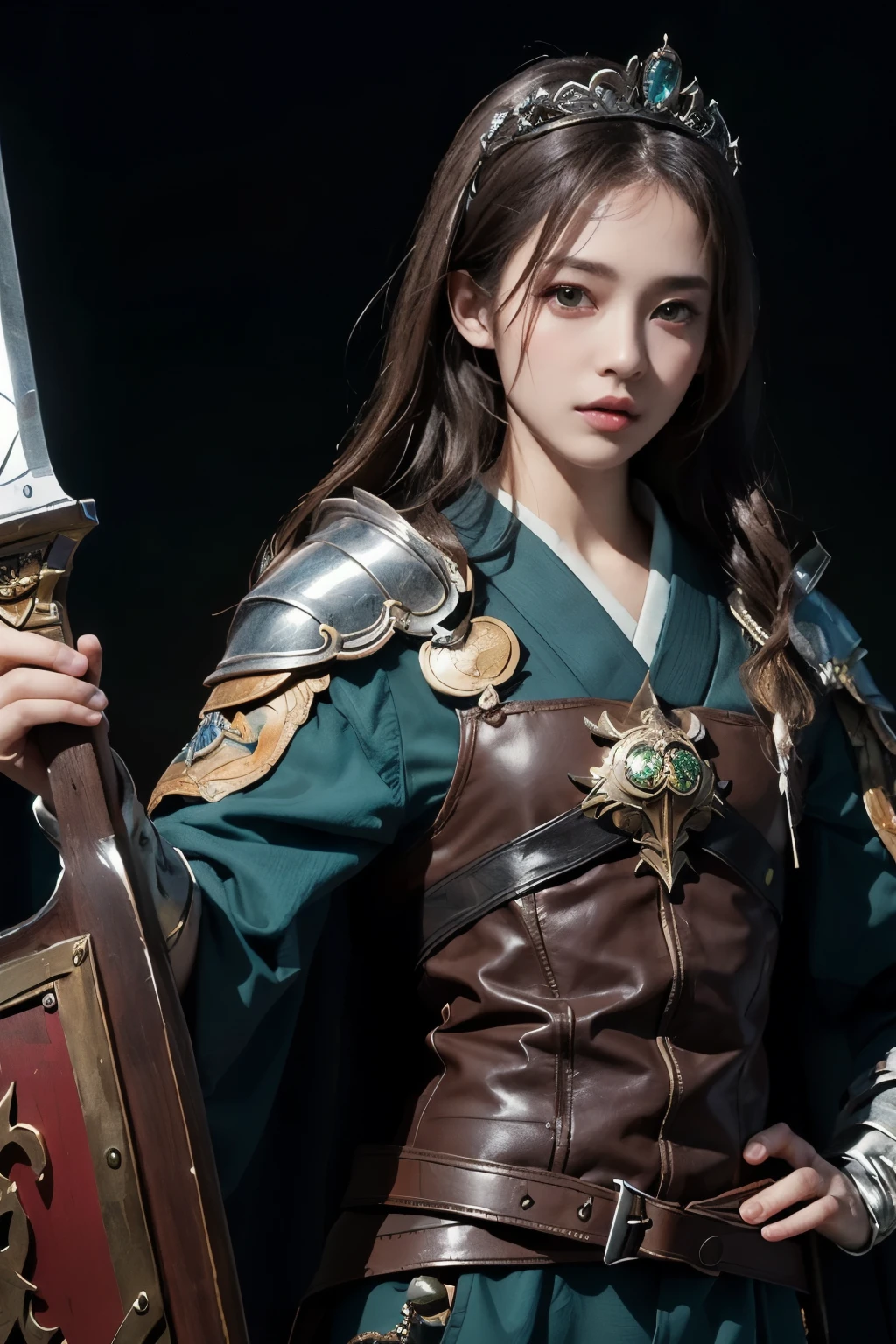 ((highest quality)), ((masterpiece)), (detailed), Perfect Face、Diablo 2 Sorcerer Costume、Tiara on head、Upper body from chest up、Green clothes、In his left hand he holds a metal shield、In his right hand he holds a shining sword、Facing forward、looking at the camera、beautiful japanese woman、cutout、No background
