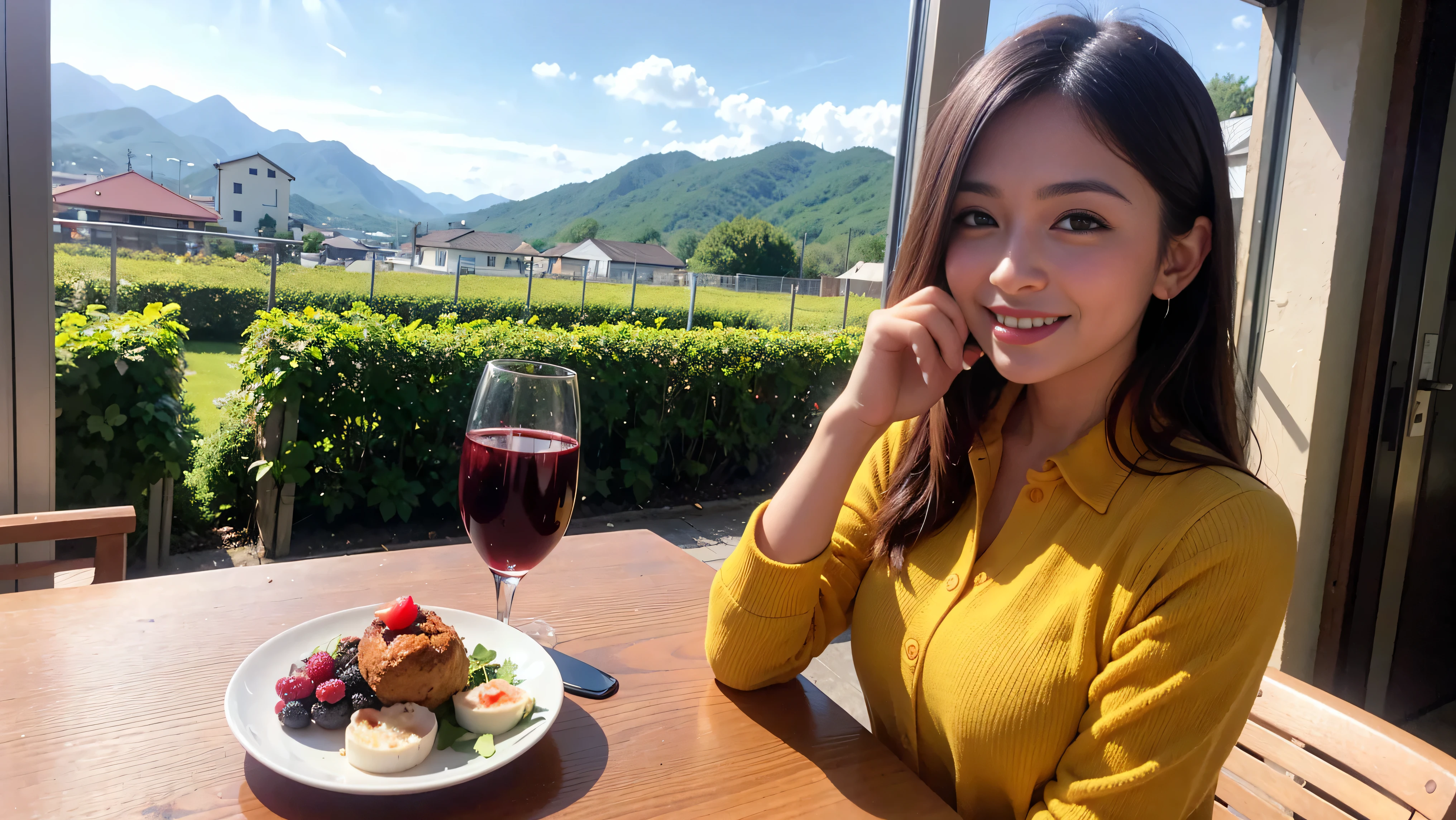 ((Highest quality、8K、masterpiece:1.3))、1 male 1 female、Satomi Ishihara、 years 、Slim Beauty、Pink Couple、smile、 (Slim face), (the body is スリム), (Brown Hair), (Shortcuts), テーブルのフルコースディナーとwine glass、Amazing view of the sunset sky and clouds、smileの美しさ、Wine bottle、sparkling wine、Long sleeve shirt、dress、White wine, red wine, wine glass, 