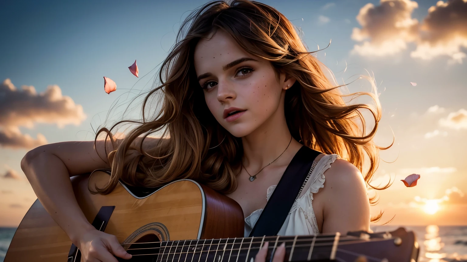 ((best quality)), ((masterpiece)),(detail), perfect face, full body shot of emma watson playing guitar by the beach, a purple sunset, rose petals flying across the sky, woman wearing a silk dress, woman with blonde and curly hair, beautiful long curly hair, with setting sun, romantic style, retro vintage and romanticism, blurred background image, sunset light, golden sunshine, roses, very lots of flying flower petals, rose petals stuck in hair, warm orange background color, subject takes up 1/3 of the frame, hyper-realistic photos, 8k, ultra high resolution, sharp faces