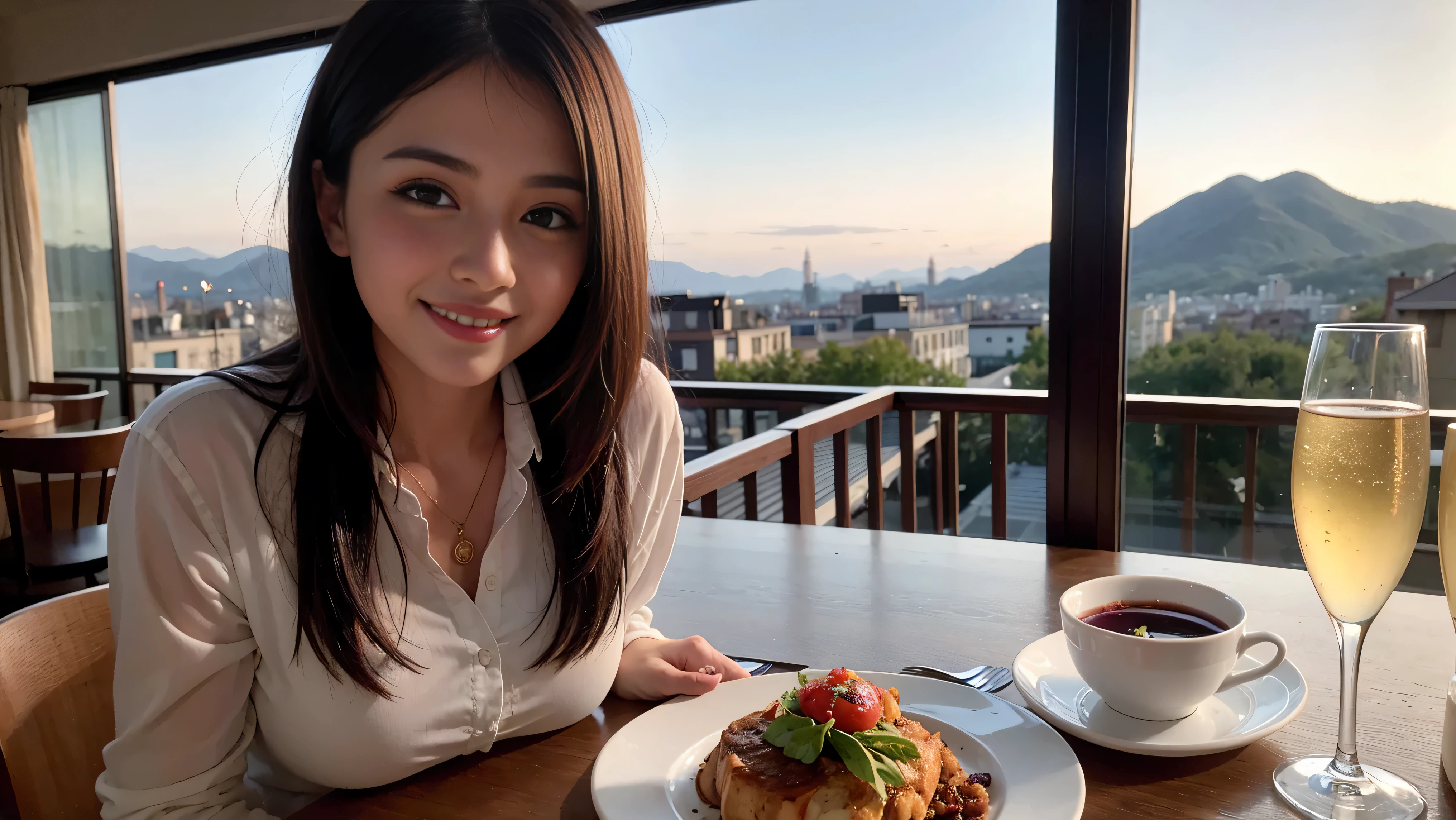 ((highest quality、8k、masterpiece:1.3))、Sharp focus:1.2、Beautiful woman perfect body:1.4、Slim body、((Bob Hale、Straight hair:1.2))、(to be born, highest quality, masterpiece:1.5), (Realistic, Intricate details:1.2), Ultra-high resolution, Spectacular view of the sunset sky and clouds、Amazing mountain views、A bright smile、A lovely woman with a smile、Bright image、2. Wine Beauties, Beautiful Face, blue eyes, The light shines on your face, Blushing, short hair,Bright face、Fox face、 (44 years old), 39 years old, Lady、red wine 、hors d'oeuvre、Italian food、wine bottle、Champagne、sparkling wine、two beauties、brown hair、Shortcuts、Long sleeve shirt、dress、Pretty Woman 1, (slim face), (The body is slim), (brown hair), (Shortcuts), cheeks turn a little red,charming beauty、, Out of the window, A beautiful and detailed night view unfolds.........., restaurant, In a prominent place (From the waist up) nova frog style, actress, model, Upper Body, White wine, slim, wine glass, wine glass placed in the middle, smile, (smile: 1.15), Beautiful fine grain, Depth f/2,saturation, High Contrast, Strong light and shadow,Moist Body:1.5、3D texture、Delicate eyes、brown hair、The hair is very shiny、