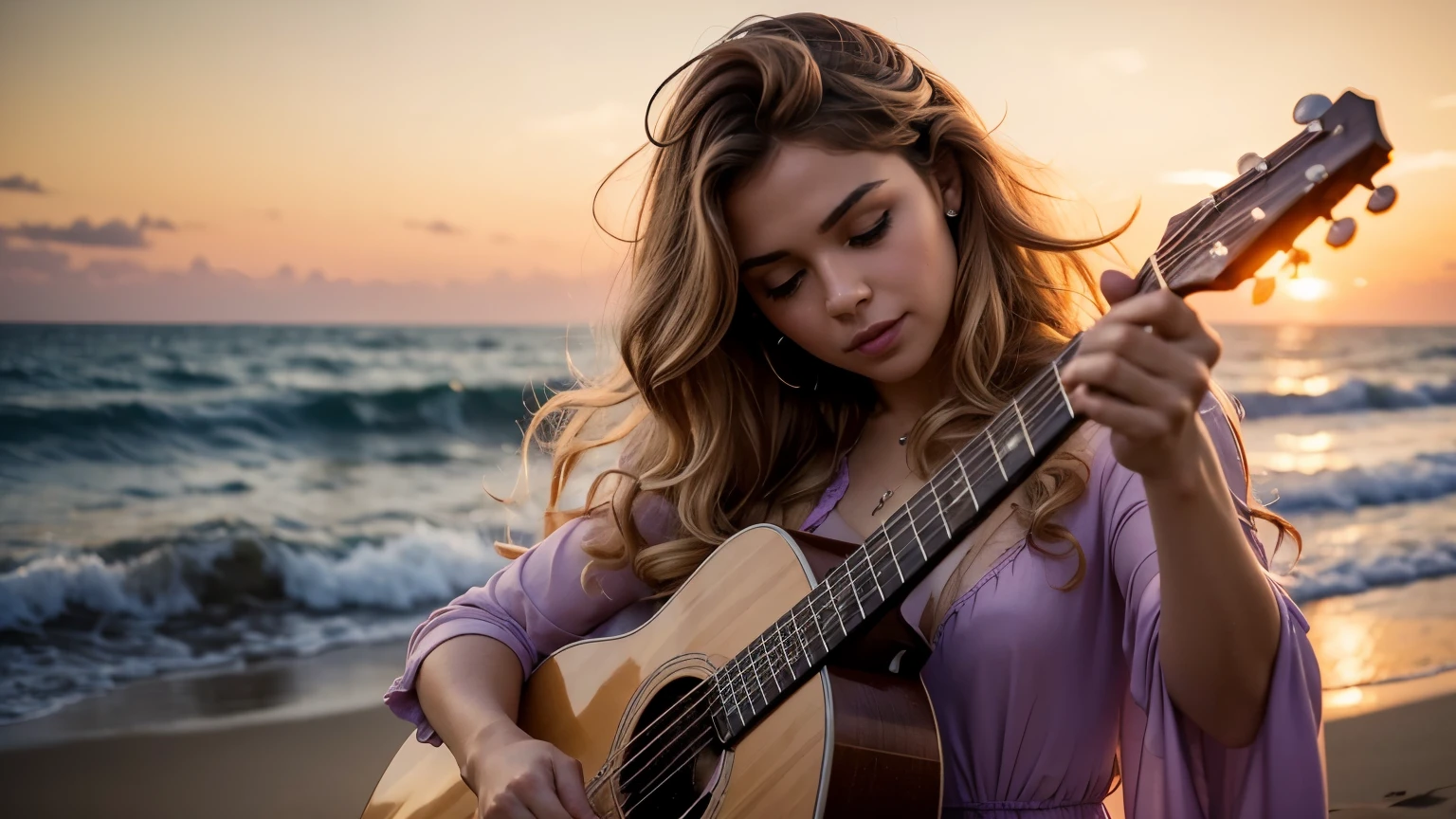((best quality)), ((masterpiece)),(detail), perfect face, full body shot of a couple passionately playing the guitar by the beach, a purple sunset, rose petals flying across the sky, woman wearing a silk dress, woman with blonde and curly hair, beautiful long curly hair, with setting sun, romantic style, retro vintage and romanticism, blurred background image, sunset light, golden sunshine, roses, very lots of flying flower petals, rose petals stuck in hair, warm orange background color, subject takes up 1/3 of the frame, hyper-realistic photos, 8k, ultra high resolution, sharp faces