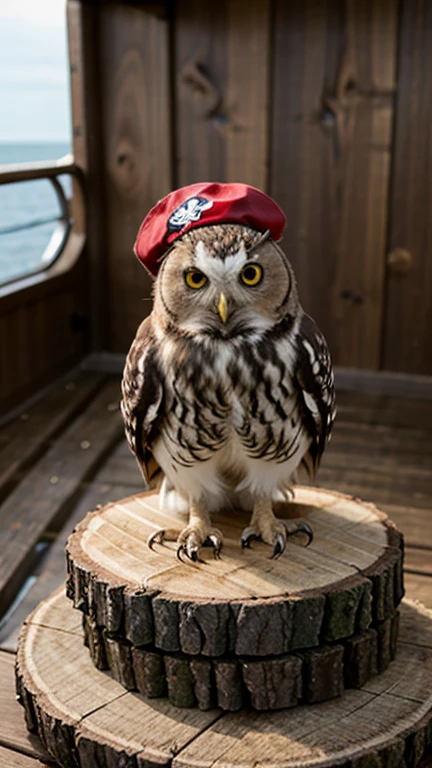 Fur Pirate, Little owl wearing a hat, , standing on the ship, on a wooden plate 