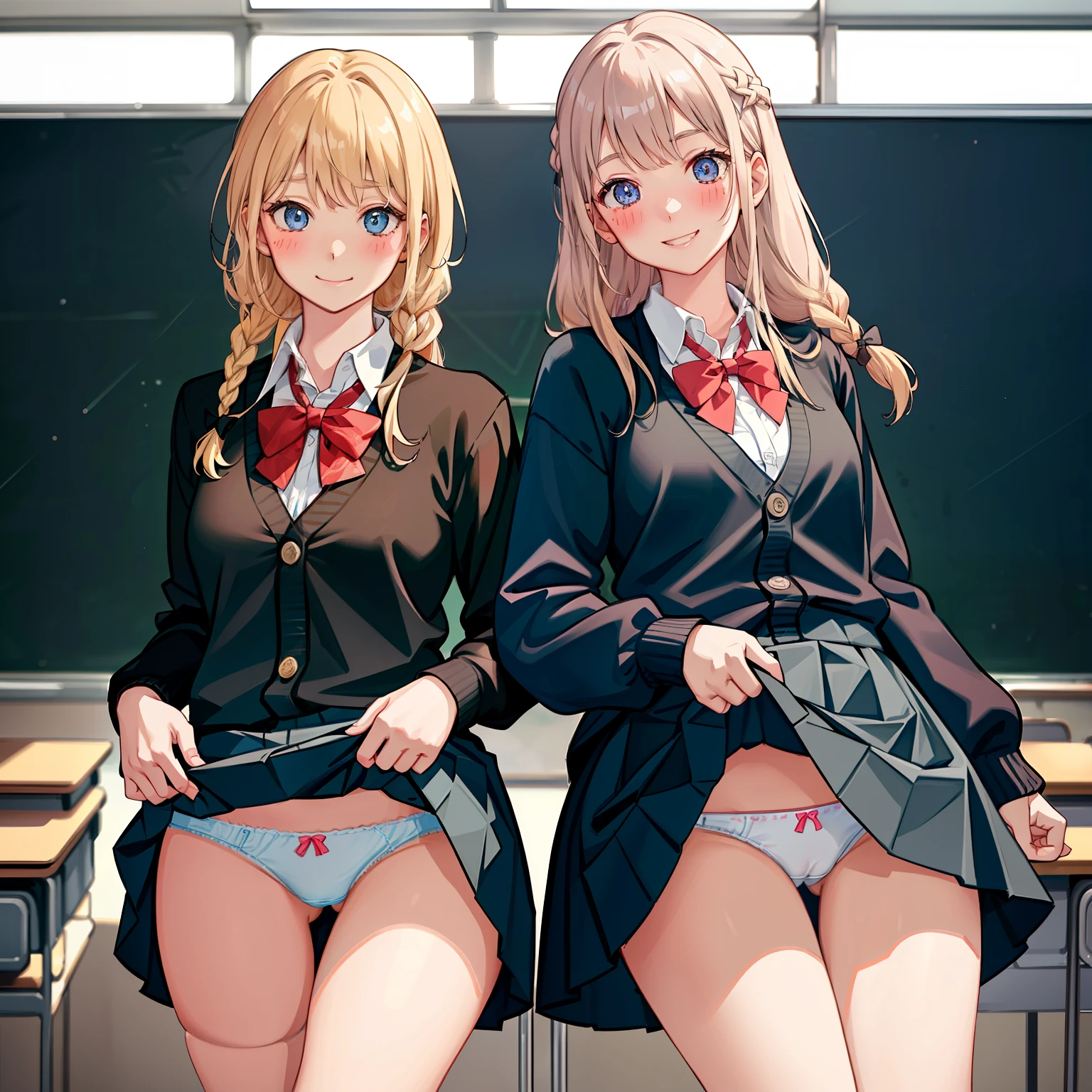 ((2 girls))、(smile:1.mall breawboy Shot)、(fun!!)、(cardigan)、(Blonde)、(blush:1.4)、、(single)、(Eye highlights:1.3)、blake black shoes,(黒いskirt)、bow, button, shirt witllar, Long sleeve, ((red bow tie, , Black jacket, Open jacket, 茶色のcardigan, white shirt, 黒のskirt, チェック柄のskirt、white socks)),, shirt,, skirt, socks, Thighs, white shirt, Rest indoors, ((classroom:1.5))、 BREAK while watching the audience、(skirtを掴む:1.0)、 (Perfect hands, Perfect Anatomy),Cowboy Shot、(skirt lift:1.3),(Highly detailed panties:1.3)、(Highly d panties:1.3)、、(skirt that ro1.3)、(Fulled panties:1.5)、Light blue eyes、