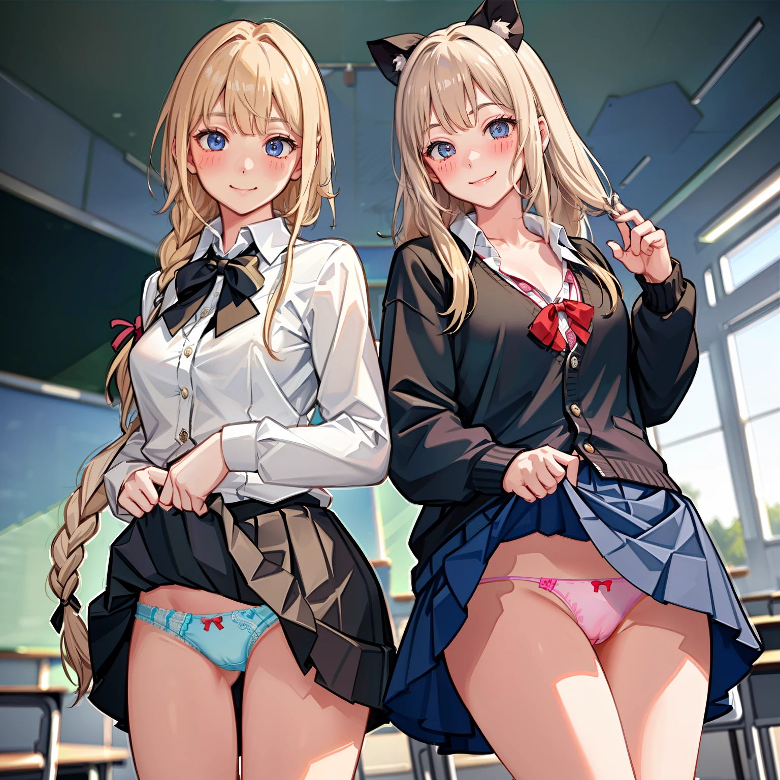 ((2 girls))、(smile:1.5)、Small breasts、（Cowboy Shot）、(fun!!)、(cardigan)、(Blonde)、(blush:1.4)、、(single braid)、(Eye highlights:1.3)、blake black shoes,(黒いskirt)、bow, button, shirt with collar, Long sleeve,  ((red bow tie, , Black jacket, Open jacket, 茶色のcardigan, white shirt, 黒のskirt, チェック柄のskirt、white socks)),, shirt,, skirt, socks, Thighs, white shirt, Rest indoors, ((classroom:1.5))、 BREAK while watching the audience、(skirtを掴む:1.0)、 (Perfect hands, Perfect Anatomy),Cowboy Shot、(skirt lift:1.3),(Highly detailed panties:1.3)、(Highly detailed panties:1.3)、、(skirt that rolls up:1.3)、(Full-fledged panties:1.5)、Light blue eyes、