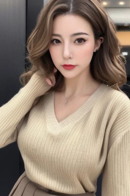 Ultra-high resolution, masterpiece, highest quality, Realistic skin of a 40 year old, Wavy hairstyle with some highlights、Natural lighting, Japanese middle-aged women、, Beige sweater, Pleated skirt、Black Stockings、View your viewers, Off the shoulder, Big Breasts, Exposed cleavage, black eye, Browsing Caution, ((Evening Background)), Sexy Face, The expression when receiving pleasure, Open the mouse,whole body