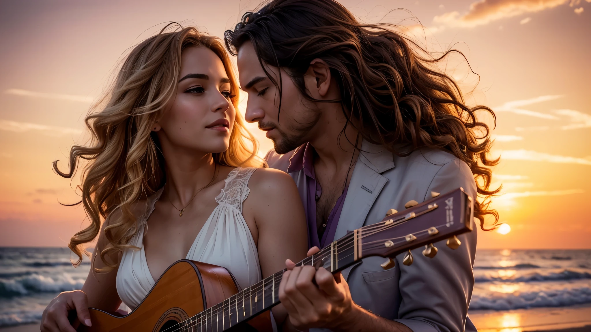 ((best quality)), ((masterpiece)),(detail), perfect face, full body shot of two grandparents passionately playing the guitar by the beach, a purple sunset, rose petals flying across the sky, woman wearing a silk dress, woman with blonde and curly hair, beautiful long curly hair, with setting sun, romantic style, retro vintage and romanticism, blurred background image, sunset light, golden sunshine, roses, very lots of flying flower petals, rose petals stuck in hair, warm orange background color, subject takes up 1/3 of the frame, hyper-realistic photos, 8k, ultra high resolution, sharp faces