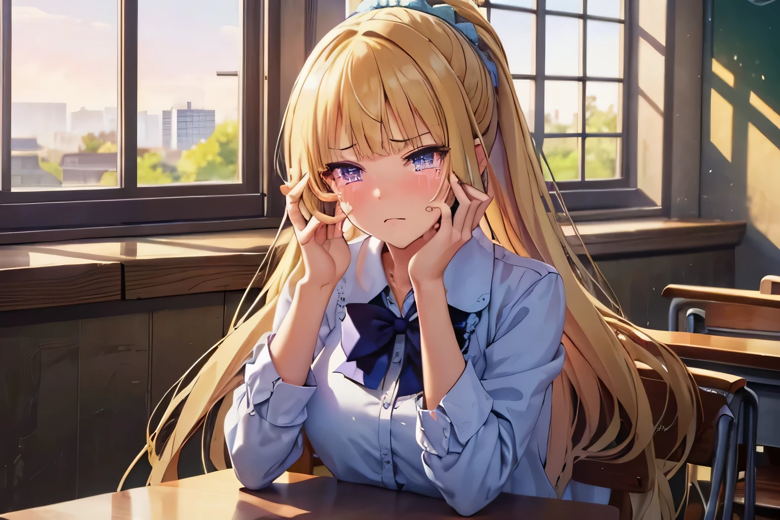 (masterpiece, top quality, best quality, official art, beautiful and aesthetic:1.2), (1girl:1.3), extremely detailed,(fractal art:1.2),colorful, highest detailed, (zentangle:1.2), parted lips,wallpaper,beautiful violet eyes, long hair, beautiful blonde hair, ponytail hairstyle, bangs,beautiful and detailed fingers, five fingers, (sad, sadness expression, sadness face, crying), school outfit, (cowboy shot), in classroom, window, sitting on chair 