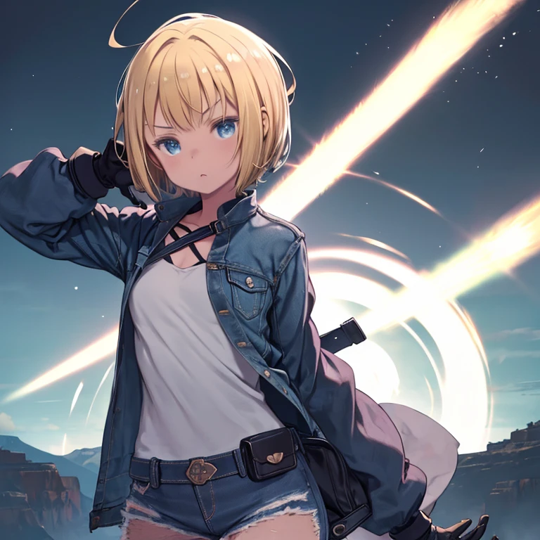 (((1 girl, cute, Denim jacket, White top, jeans, gloves, blonde, short hair, bob hair, Side part hair, blue eyes))), (((blonde hair))), Dynamic pose, Manga Style, Depict a group of characters in a variety of action scenes, From fierce battles to fun times, Dramatic speed lines and bold sound effects, Capture the excitement and energy of the story, Laser beam coming from the palm of your hand, Attack forward with palm, Yellowstone Park, Grand Canyon,