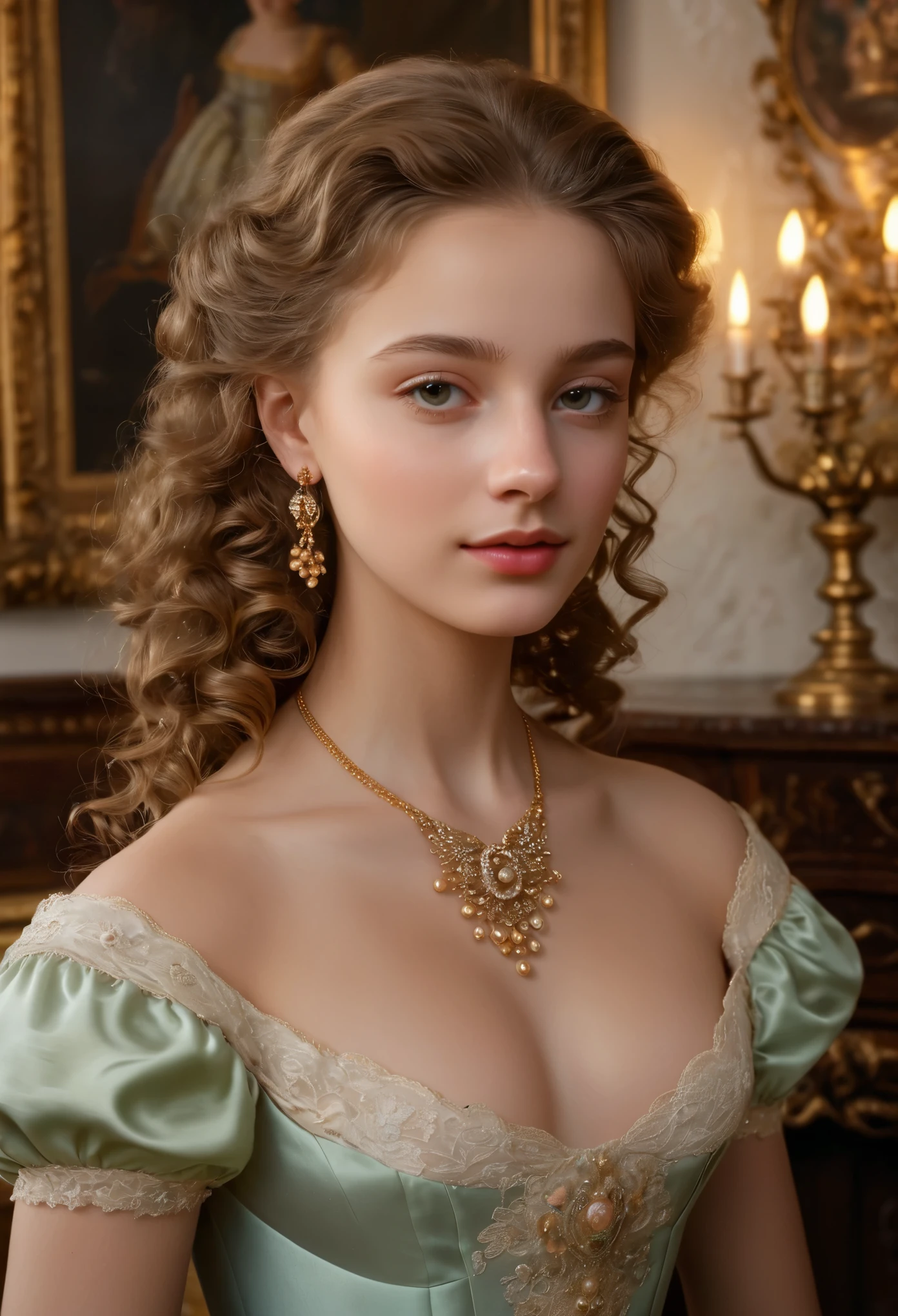 (best quality,4k,8k,highres,masterpiece:1.2),ultra-detailed,(realistic,photorealistic,photo-realistic:1.37),portrait,painting,pastels,personalized masterpiece,18th century,Russian,aristocratic,girl,noble daughter,,extremely beautiful,face,expressive eyes,delicate nose,luscious lips,porcelain skin,rosy cheeks,flowing curls,silky dress,stately posture,fine jewelry,embroidered lace collar,grand background,opulent interior,faint golden light