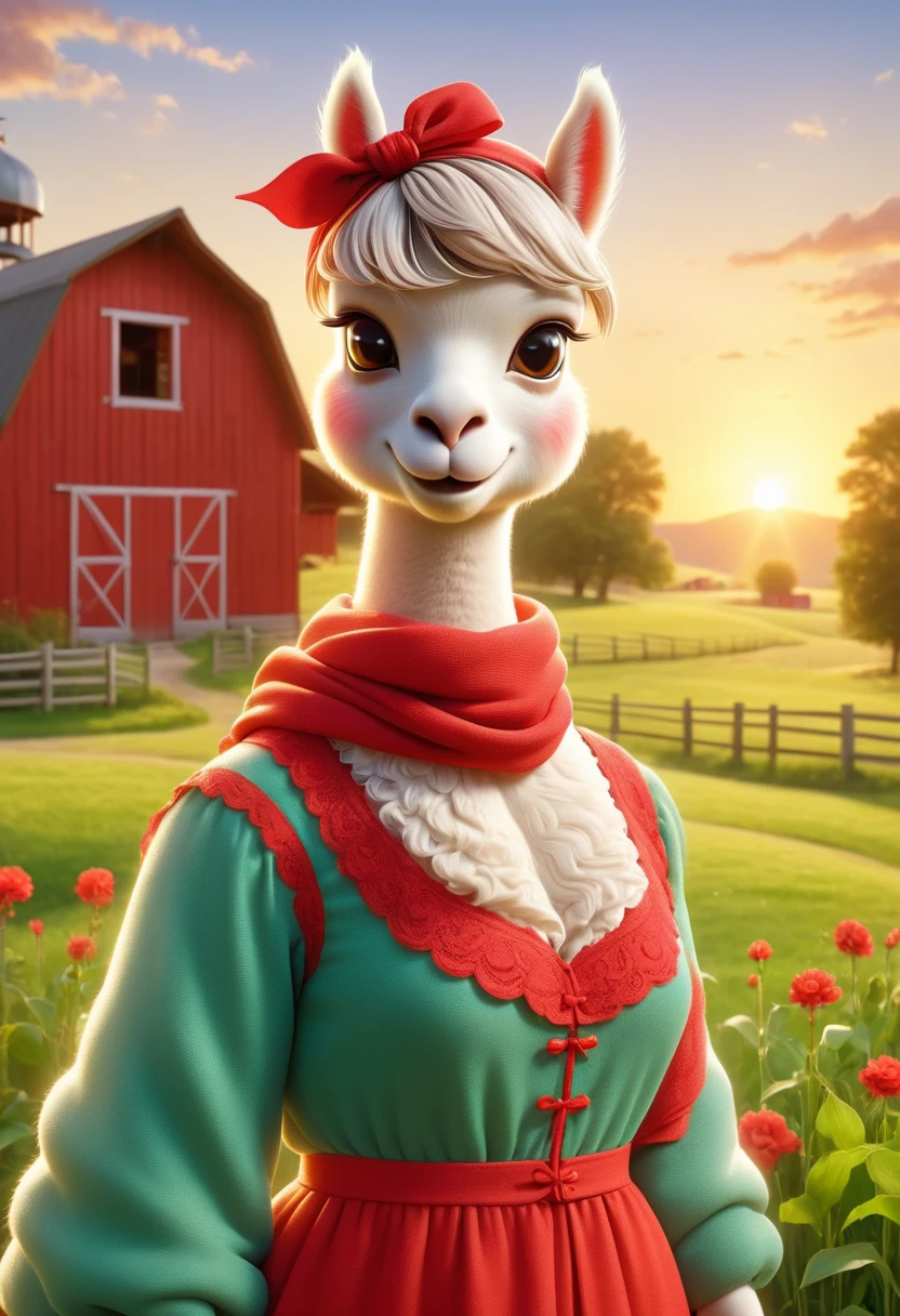 Poster fashion style design, (Female anthropomorphic alpaca image:1.3), She is wearing vintage clothing from the 1950s, Leaning against a classic red barn, She had a pleasant expression, Waving a headscarf, An idyllic farm scene can be seen in the background, Green grass field and sunset in clear sky, first-person view, cowboy shot, UHD, masterpiece, ccurate, anatomically correct, textured skin, super detail, award winning, best quality, 8k