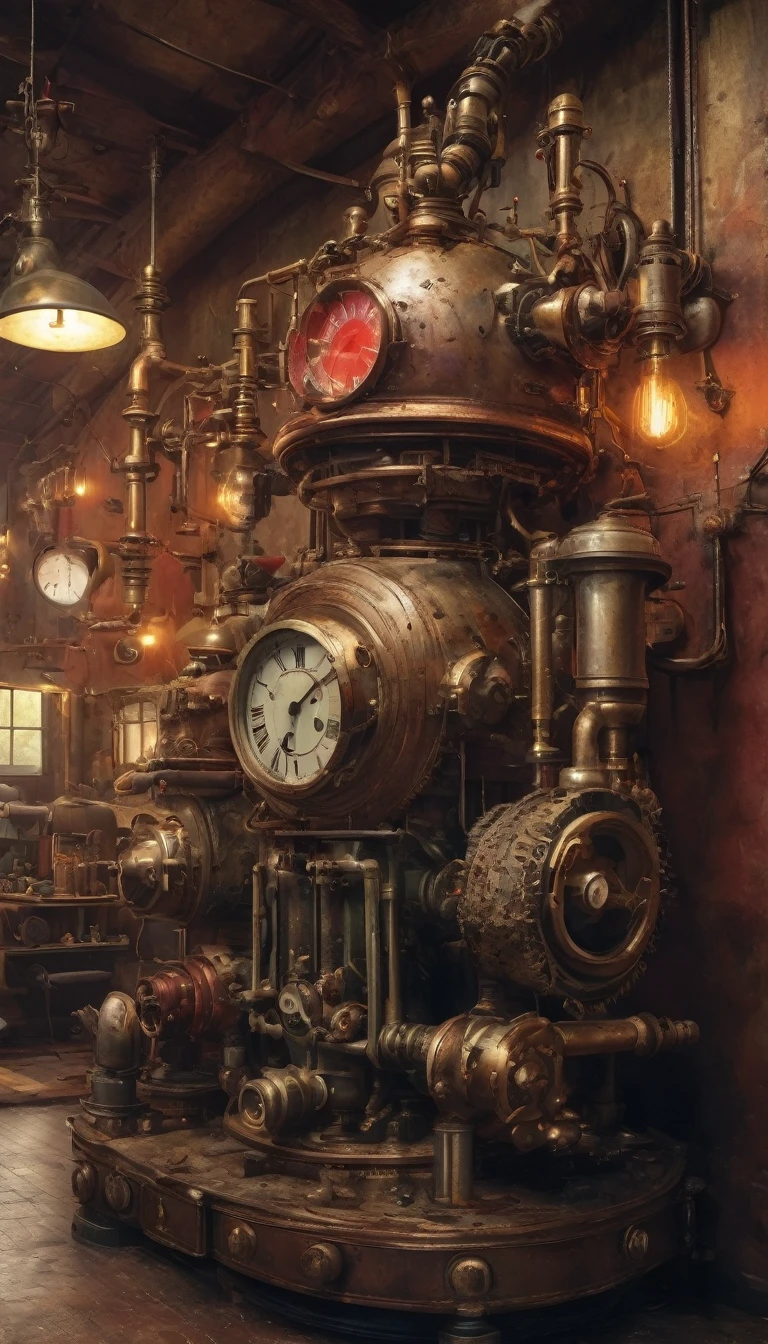 (best quality,4K,8k,high resolution,masterpiece:1.2),Super detailed,(Practical,photoPractical,photo-Practical:1.37),Vaporpunk,19th century Britain,Large scary household servant head,Built-in multiple tool arms,Metal body,crisp,age,Steam powered,mechanical,Complex clocks,leather strap,dark,Gothic style,Heavy duty gears,Exposed pipes,GLOOMY AMBIANCE,dusty,cigarette,Huge manipulator,Ominous red eyes,precision engineering,Tooth boiler,whistle,Sculpture,Gorgeous decoration,Sad expression,Mechanical hissing,Serious facial features,Industrial background,Gauges,control Panel,flashing gas lamp,copper ornaments,Meticulous craftsmanship,Retro design,Victorian aesthetics,Retro-futurism,Rich color palette,Antique Texture,Unforgettable presence