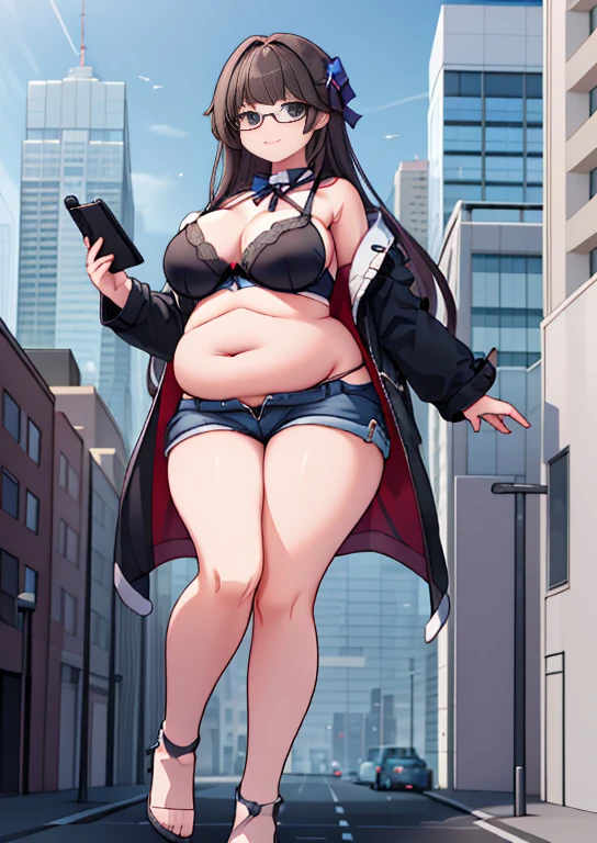 (masterpiece, best quality, highly detailed), 1girls, big belly, huge belly, art by kipteitei, round belly, chubby, curvy, belly grab, enormous belly, fat belly, thicc, bigger belly, really big belly, jiggly belly, glasses, unzipped jacket, (no shirt), bra, thight shorts, high heels, smug face ((full body)), long hair