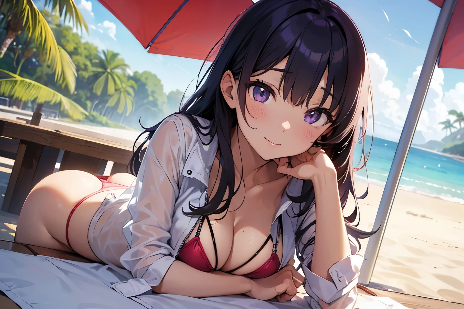 Cute anime rl, AI Hoshino, Oshi No Ko, at beach,sun,sunrays ,beach, umbrella,summer , big ,long purple hairs, hair open,purple neon eyes, detailed eyes,wearing red swimsuit, white transparent cloth over body(transparent jacket or cloth or lingerie) bikini visible through it,red swimsuit, hot look,sexy pose,nsfw,hot, minimum clothes, high details, high quality, award winning, best quality, higher, HD, 4K,(anime,8k,masterpiece, top quality, best quality, beautiful and aesthetic:1.2,professional illustrasion:1.1,ultra detail:1.3,perfect lighting),extremely detailed,highest detailed,incredibly absurdres,highres,ultra detailed,intricate:1.6, cute pose