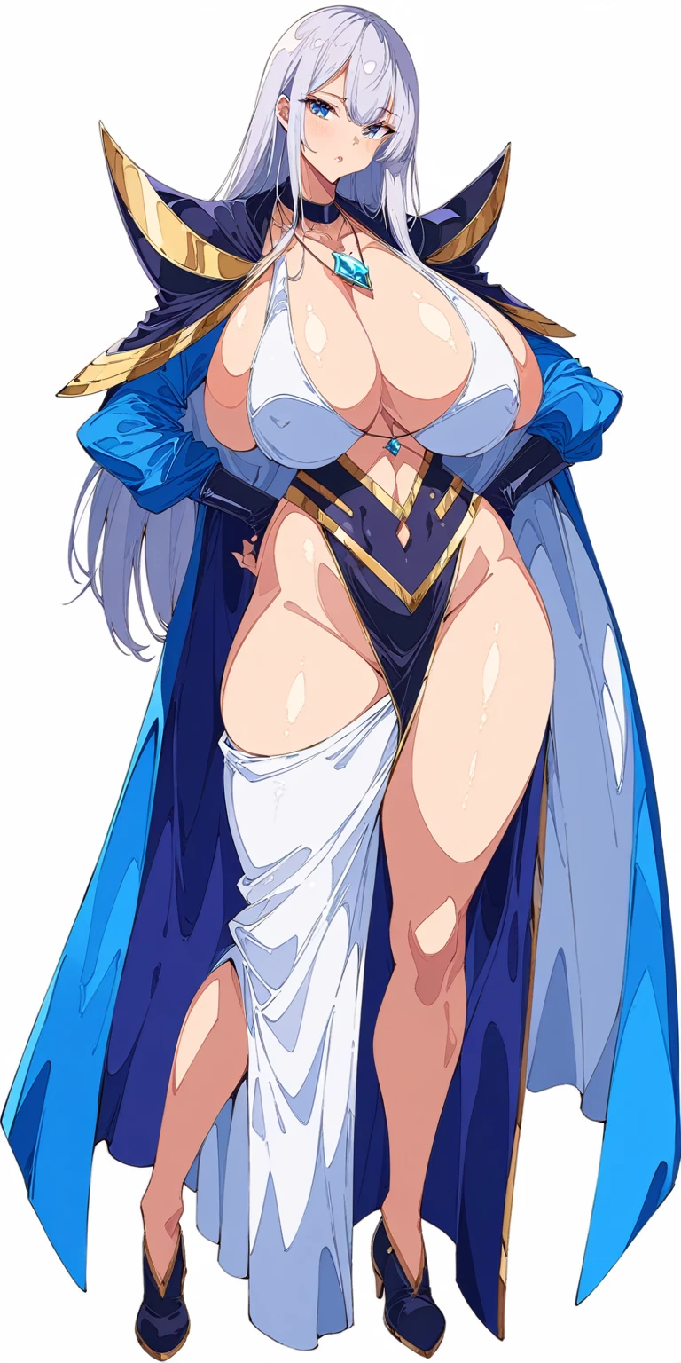 masterpiece, bestquality, ultra-detailed,
flat design, ligne claire, photorealistic,
cinematic lighting, depth of field,
1girl, (fullbody:1.4), front view, looking at viewer,
Female Hero
Hair color: Shiny silver hair that is almost golden, and flows down to her back.
Eye color: Deep blue, symbolizing courage and hope.
Height and build: Slightly taller than average, lithe but muscular.
Clothing: A modern take on the traditional hero's outfit. She wears lightweight but durable armor, with intricate patterns drawn in gold thread on the details.
Accessories: She wears a small crystal pendant around her neck. This is the source of her power.
gigantic saggy breasts, Clothes that are completely stuck to the chest, impossible clothes, Impossible clothing with perfectly shaped extremely gigantic puffy nipples, pawg, thin thighs, thick calf, slender body, thin waist, milf, mature woman, puffy lip,
(standing Contrapposto pose:1.2), spread legs, lewd pose,
(Heavy Clothes Hero Costume, Heavy Clothes brave Costume :1.5),
(white background:1.5),