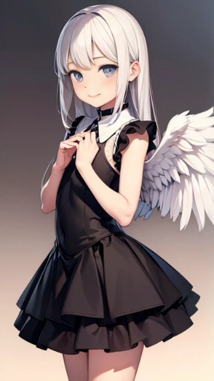 ((masterpiece)),((highest quality)),((Anatomical)),((Realistic)),((Detailed Description)),((Thin depiction)),((cute)),((女の子のcute部屋)),(((fallen Angel))),((Beautiful eyes)),(()),((Petite)),((Bewitching Smile)),((Jet-black wings)),((Pure white one-piece dress)),((skirt)),