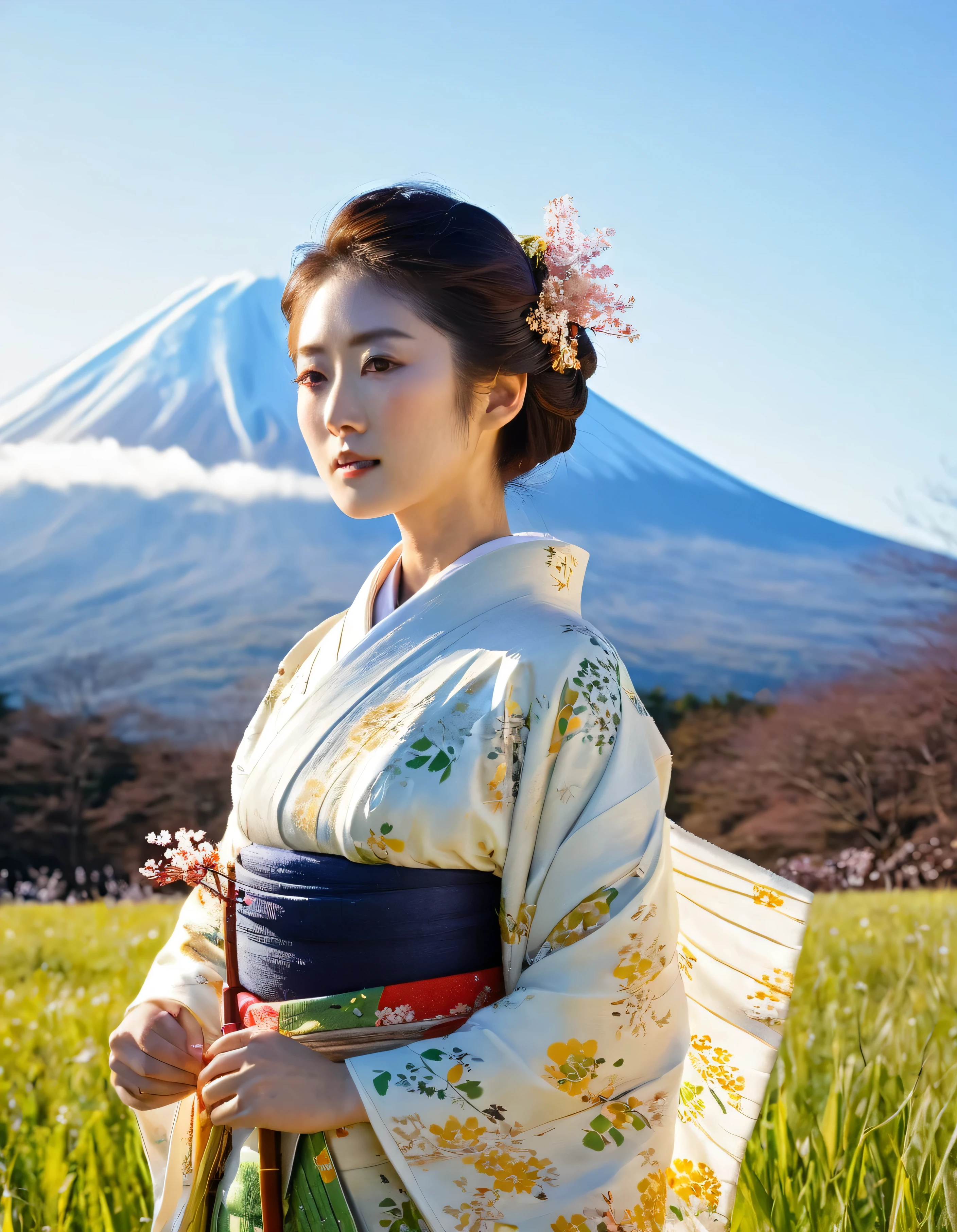 ((Half body Portrait of Beautiful Young Japanese Woman )), (( Traditional kimono outfit)), High-class Lady,( Meiji Fashion Style),(( Vintage Color Photo)),((Outdoor photography in a beautiful meadow)) (( In the background is Mount Fuji with snow covering the top.)), ((Good weather and Bright clear sky above)), Soft shadows Super-Resolution, Megapixel, ProPhoto RGB, VR, Spotlight, Frontlight, Halfrear Lighting, Backlight, Rim Lights, Rim Lighting, Artificial Lighting, Natural Lighting, Incandescent,The images are very realistic.,documentary photography, Photos for advertising,fashion for travel,Japan