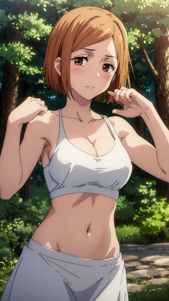 masterpiece, High resolution, alone, 8k, detailed, Perfect Face, highest quality, (super high quality), (Looking at the audience), (Underarm), clavicle, Bare arms, Exposing shoulders, big breasts, Perfect nipples,Cleavage, Orange Hair, short hair, Brown eyes, Gradient eyes, stomach, Stomach, belly button,, Sarasi Chest, Bandaged Chest, (White color too), The body is slim,blush, Mouth closed, （I&#39;m in the forest）, Raise your hand