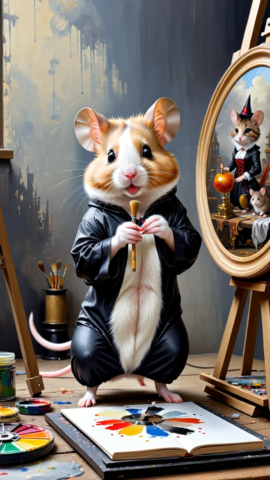 Printing Art "Hamster is painting with paint, furry artist, A mouse in a gothic studio, Inspired by Gabriel Metsu, Paintings come to life, Hamster Dating Photos, cute的数字, The artist's epic painting, Portrait of a crazy mouse, Catwoman oil painting, 4K , Fantasy painting:cute, oil painting" . Programming, Wheels within wheels, detailed, artistic, Text-based