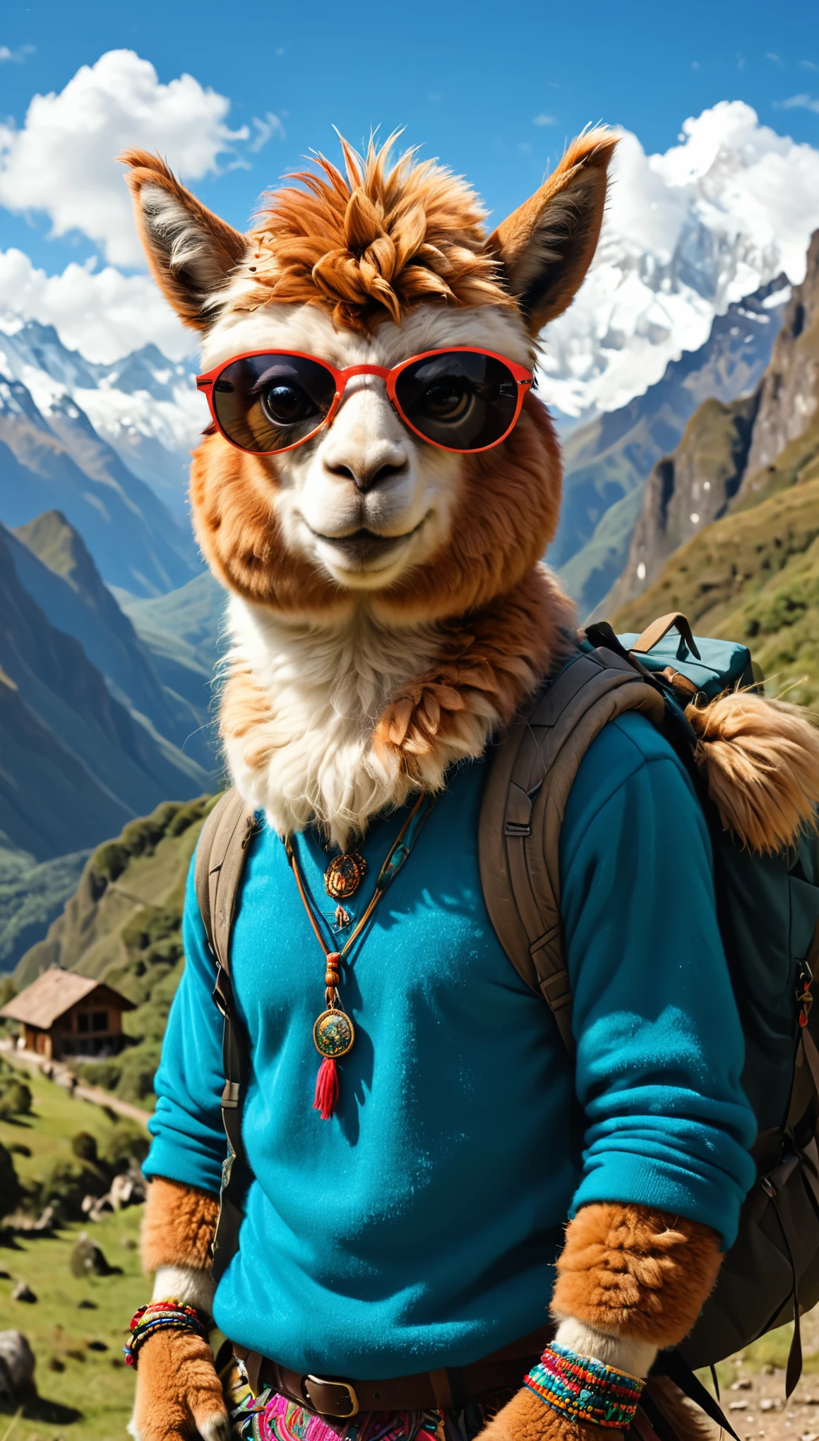 Detailed digital portrait of an anthro Alpaca (Wearing sunglasses, radiating cool confidence) hiking through the south american Andes mountains