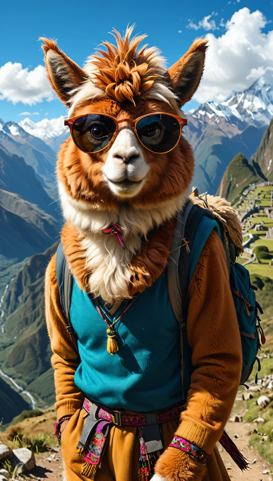 Detailed digital portrait of an anthro Alpaca (Wearing sunglasses, radiating cool confidence) hiking through the south american Andes mountains