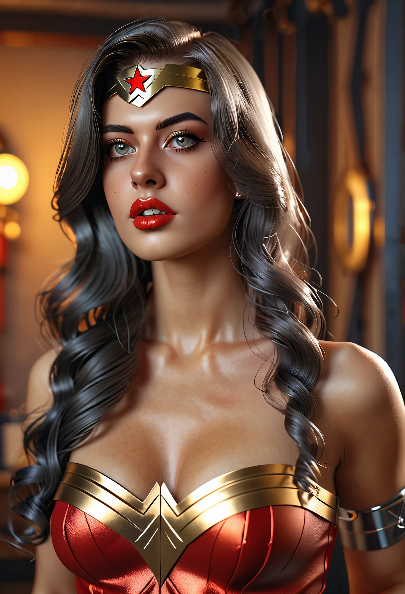 (best quality,4k,ultra-realistic:1.2),ultra-detailed,(photorealistic:1.37) sexy beautiful Izabela Ion dressed as Wonder Woman , in the style of realism, natural lighting, sexy pinup, 8k resolution, , full body
