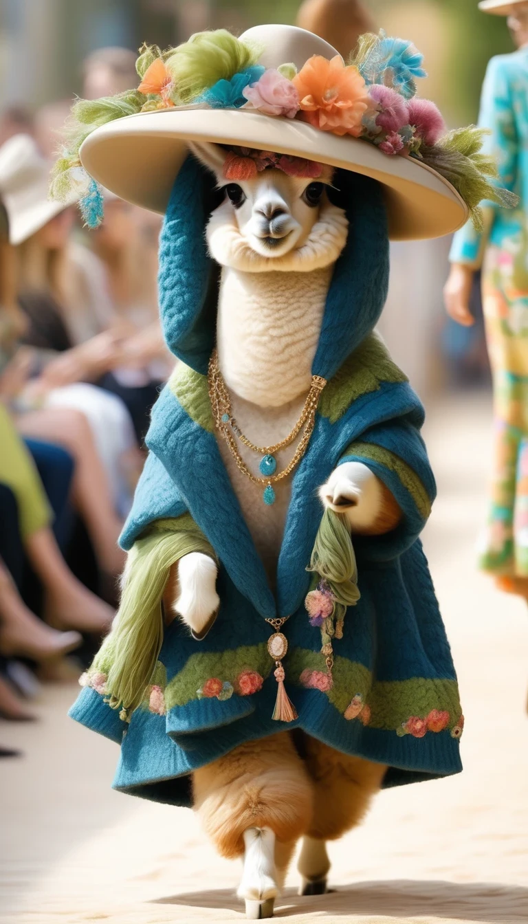 Cute alpaca fashion show， Alpaca Personified，whole body，Fashion trends for summer 2024，Floral，blue，green，Khaki，milky，Charming Alpaca，Enchanting Alpaca，Walking on a catwalk，Dynamic poses，Cool，Cute big eyes，necklace，hat，Fashion，make up，Cartoon，background：Fashion show catwalks