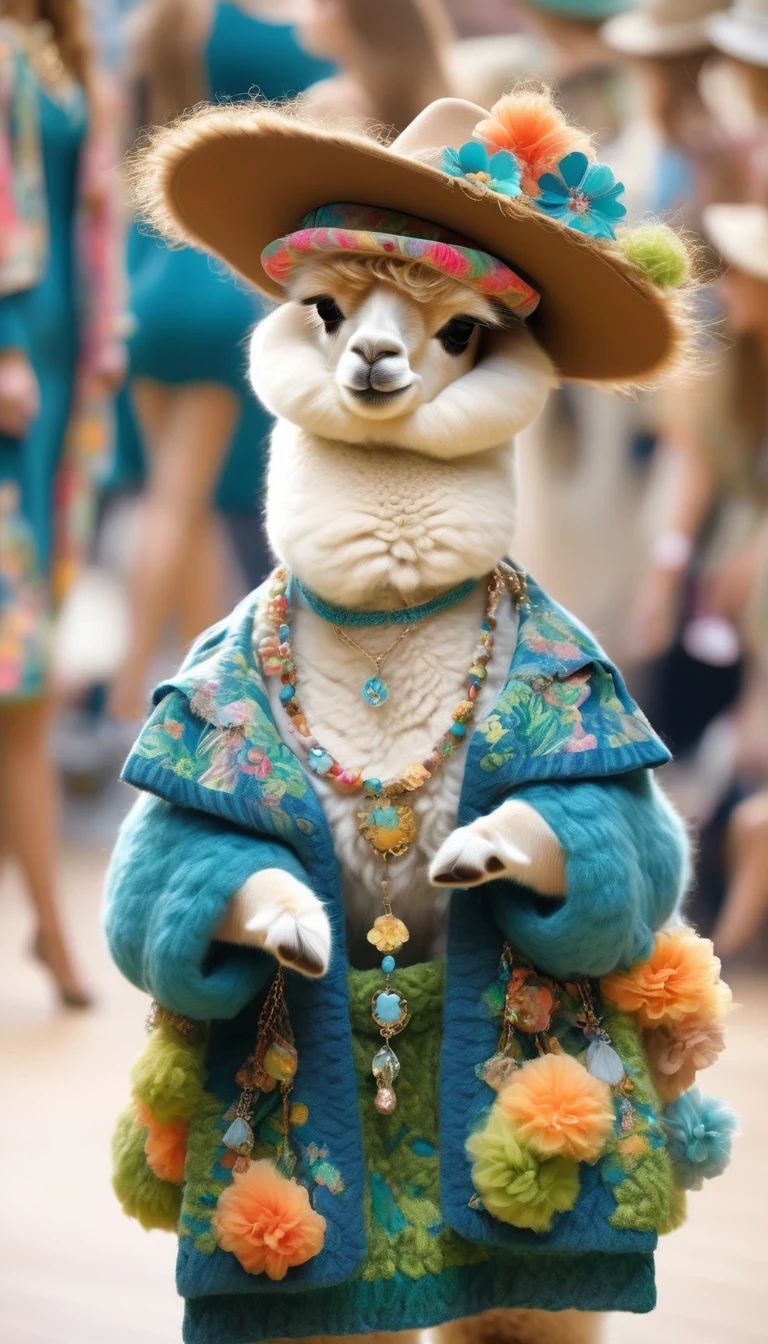 Cute alpaca fashion show, Alpaca Personified,whole body,Fashion trends for summer 2024,Floral,blue,green,color,Charming Alpaca,Enchanting Alpaca,Walking on a catwalk,Dynamic poses,Cool,Cute big eyes,necklace,hat,Fashion,make up,Cartoon,background:Fashion show catwalks