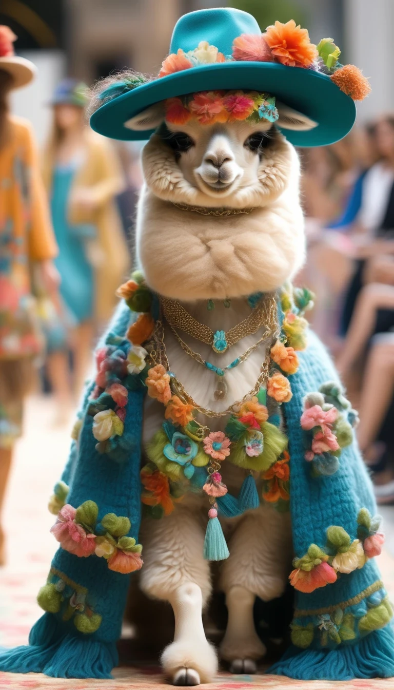Cute alpaca fashion show， Alpaca Personified，whole body，Fashion trends for summer 2024，Floral，blue，green，color，Charming Alpaca，Enchanting Alpaca，Walking on a catwalk，Dynamic poses，Cool，Cute big eyes，necklace，hat，Fashion，make up，Cartoon，background：Fashion show catwalks