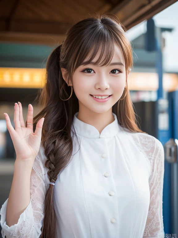 (beautiful girl, Half Body, Brown Hair,Random Face、Random Hairstyles、2girl, smile, station ticket gate),(highest quality,4k,8K,High resolution,masterpiece:1.2),Super detailed,(Realistic,photoRealistic,photo-Realistic:1.37),(Meeting:1.5)、White competition clothes、I saw someone and I waved、Bright colors,Bokeh,Portraiture,