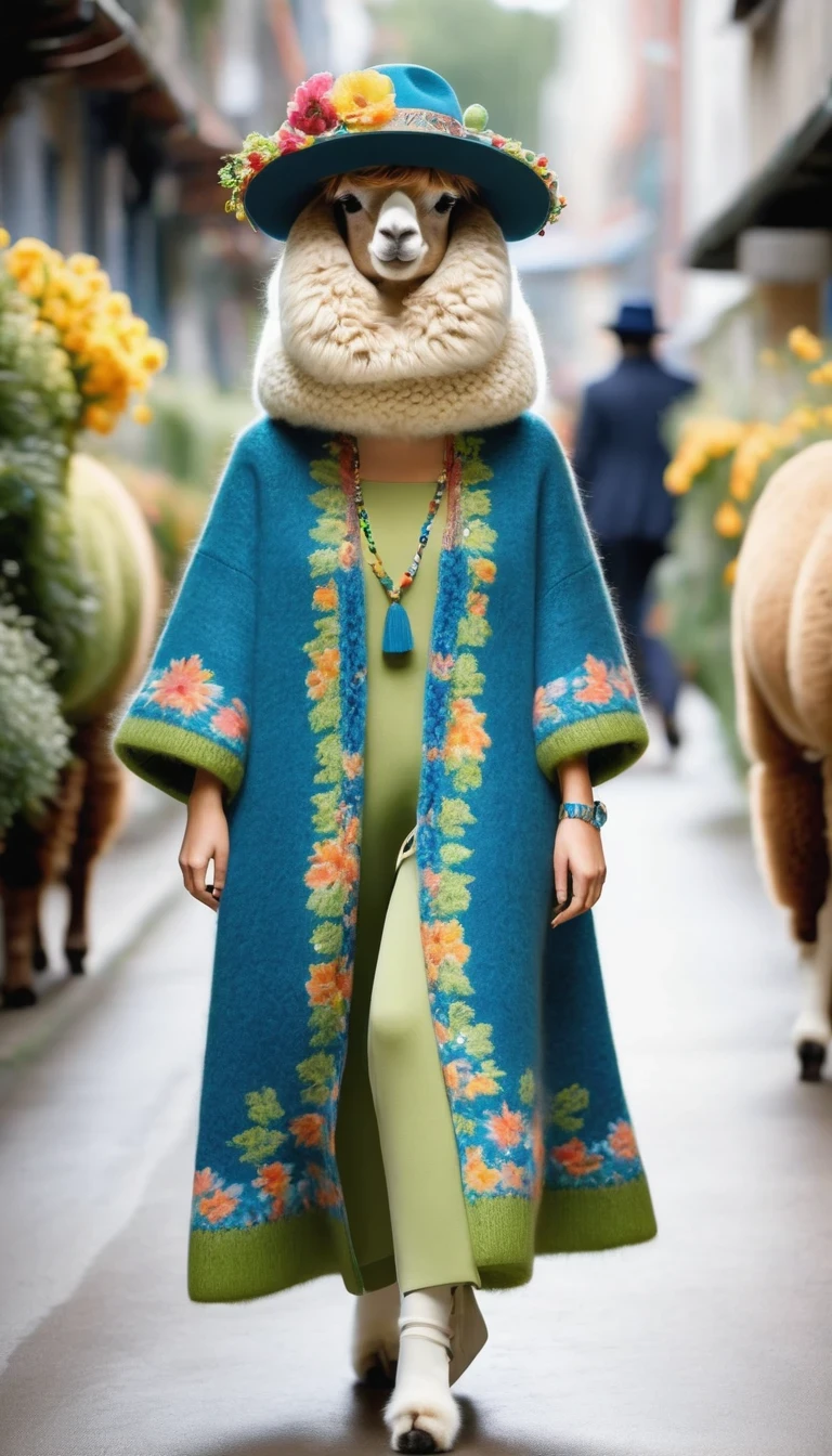 Fashion street photography of cute alpacas, Alpaca Personified,whole body,Fashion trends 2024,Floral,blue,green,color,Charming Alpaca,Enchanting Alpaca,Walking on a catwalk,Dynamic poses,Cool,necklace,hat,Fashion,make up,Cartoon,background:street photography