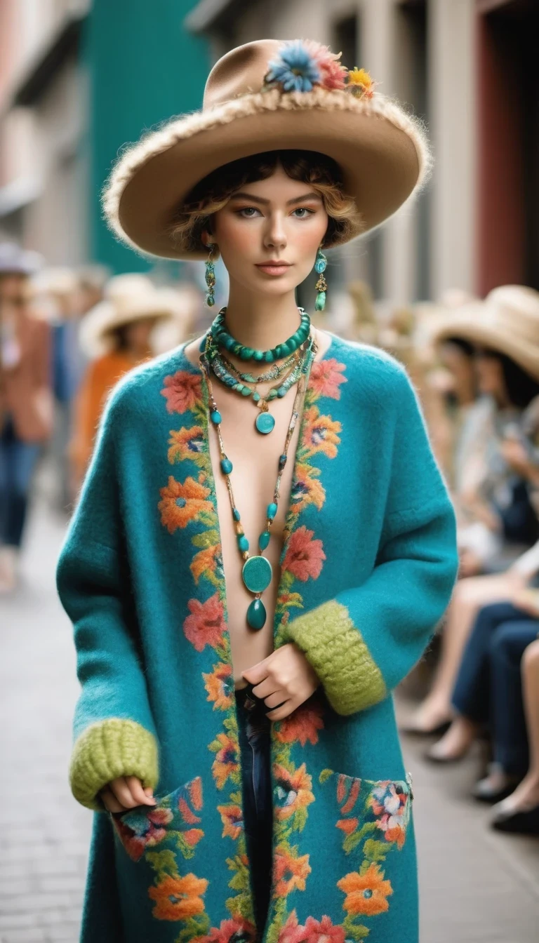 Fashion street photography of cute alpacas， Alpaca Personified，whole body，Fashion trends 2024，Floral，blue，green，color，Charming Alpaca，Enchanting Alpaca，Walking on a catwalk，Dynamic poses，Cool，necklace，hat，Fashion，make up，Cartoon，background：street photography