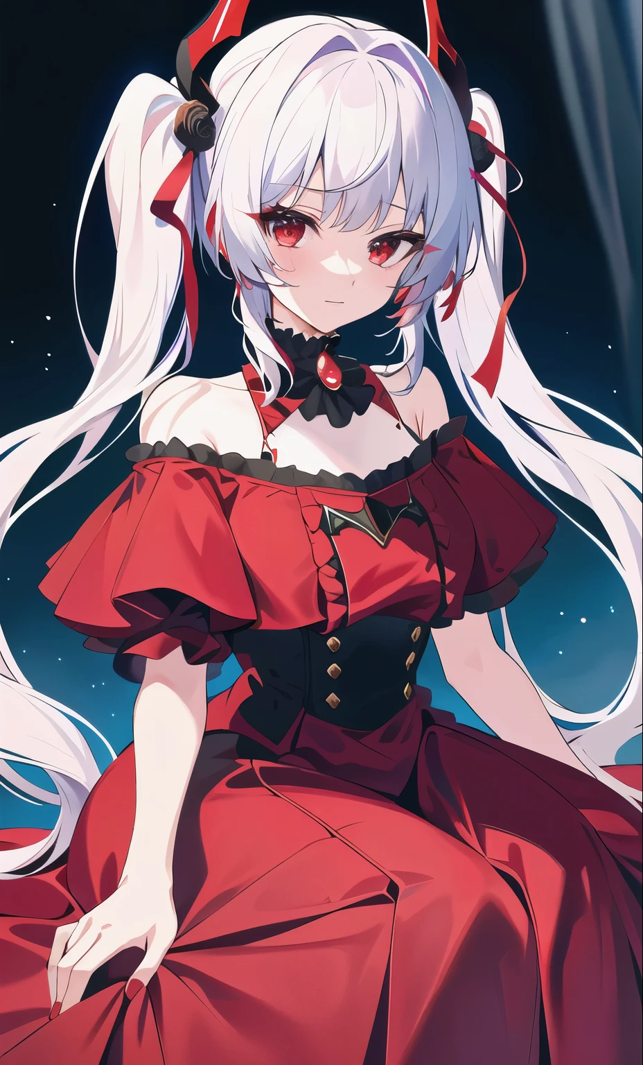 The background is clear, (Masterpiece))), (((Best quality))), (((Very detailed))), detailed fingers, Clarification, 1 girl, bachelor, The hair is white with twin tails, Red eyes, Black necklace with blue and red ribbon, The chest is wide open, Divides, Red sleeveless gothic costume with black ruffles, Black sleeves with red ruffles that reveal the shoulders, Red skirt with black ruffles, Red headdress with black pattern, Kyozo Tokizaki,(Best quality, Masterpiece:1.2), 1girl, big blue eyes,Lowering the eyelids,Full of tears, Long white hair,White dress, Purple 2 horns on head, Purple Devil Tail Sorrow, Blush,Full body,Looking at the stars outside the window, Cinematic lighting effects, Particle Light Effects, colorize, Ethereal colours, Series, Precision brush, A dream-like scene