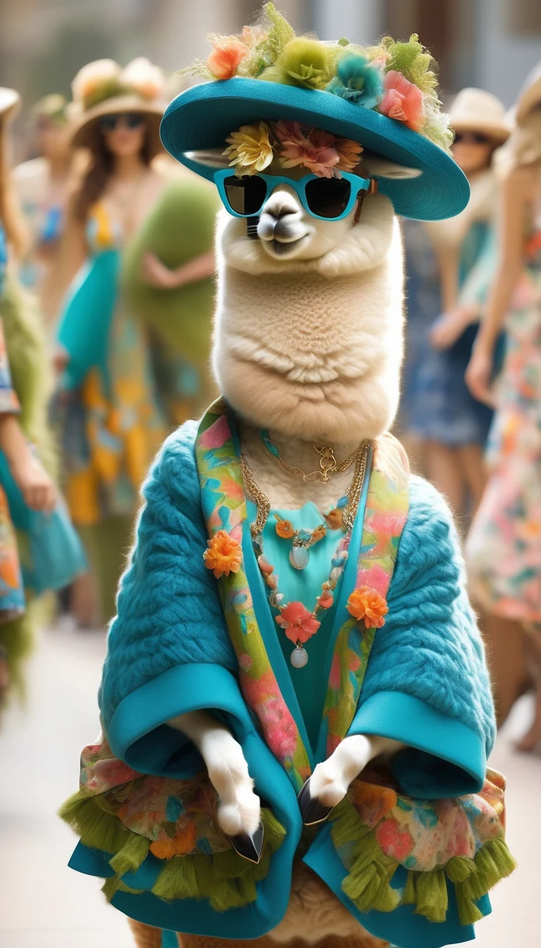 Cute alpaca fashion show， Alpaca Personified，whole body，Fashion trends for summer 2024，Floral，blue，green，color，Charming Alpaca，Enchanting Alpaca，Walking on a catwalk，Dynamic poses，Cool，sunglasses，necklace，hat，Fashion，make up，Cartoon，background：Fashion show catwalks