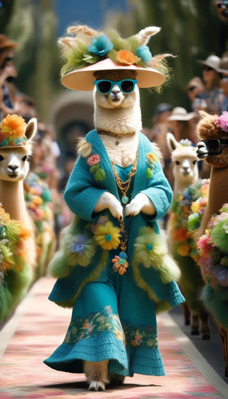 Cute alpaca fashion show， Alpaca Personified，whole body，Fashion trends for summer 2024，Floral，blue，green，color，Charming Alpaca，Enchanting Alpaca，Walking on a catwalk，Dynamic poses，Cool，sunglasses，necklace，hat，Fashion，make up，Cartoon，background：Fashion show catwalks