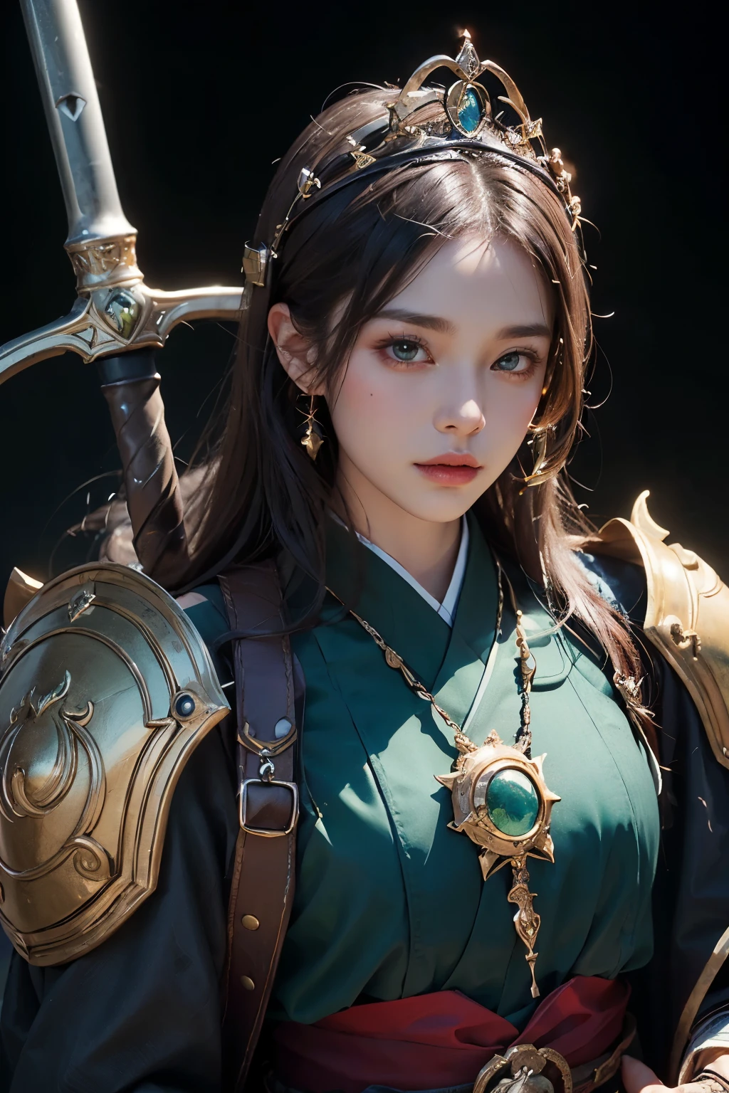 ((highest quality)), ((masterpiece)), (detailed), Perfect Face、Diablo 2 Sorcerer Costume、Tiara on head、Upper body from chest up、Green clothes、In his left hand he holds a metal shield、In his right hand he holds a shining sword、Facing forward、looking at the camera、beautiful japanese woman、cutout、No background