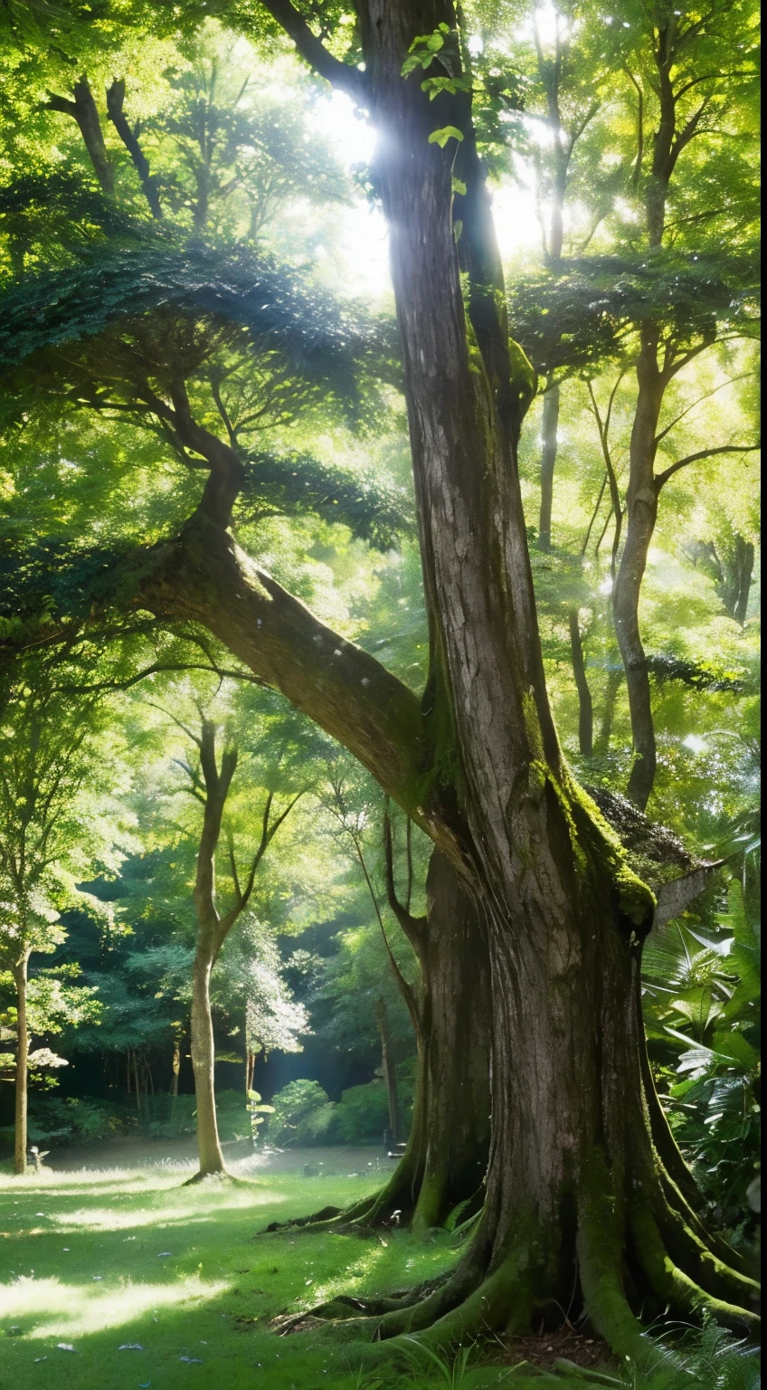 explanation: 人里離れた森among, Sunlight penetrates through the dense canopy, Casting a fantastic glow on the forest floor. Towering Tree々among, Mysterious shadows come to life, Those who listen々whisper a secret to. The mysterious charm of whispering shadows、Capture the interplay of light and dark in this mystical setting。.