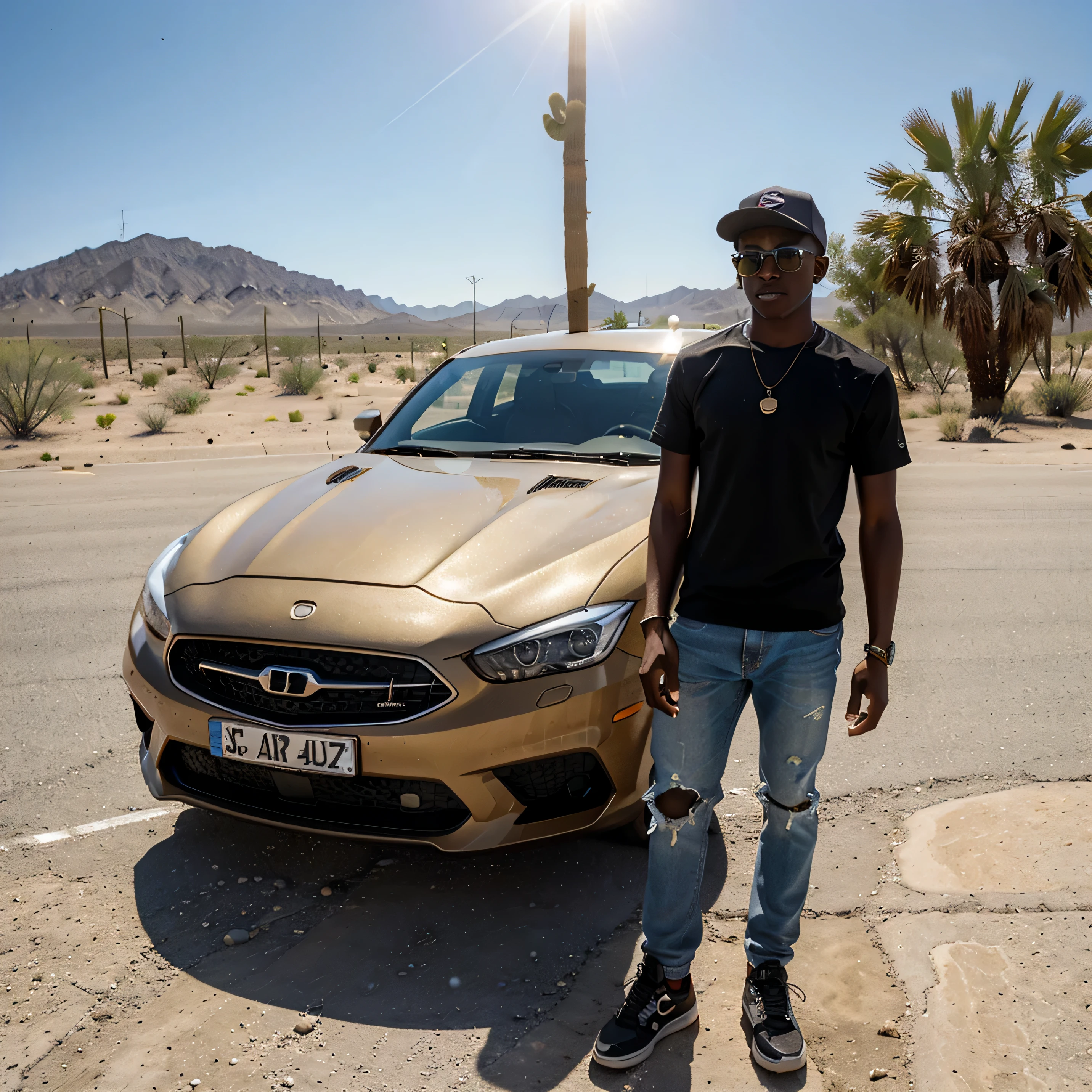 young African American male, wearing sun glasses, street urban fashion, full body, camera a good distance from the subject,wearing a hat, summer hot sunny weather, standing next to a sports car at a gas station in a dry hot sunny remote road, dry land desert