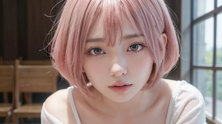 (Bob Cut Hair, Pink Hair:1.2),(Wearing a blouse:1.2),1 girl,Japanese,21 years old,(Small breasts:1.3),(highest quality,masterpiece:1.3,超A high resolution,),(Very detailed,Caustics),(Photorealistic:1.4,RAW shooting,)Ultra-Realistic Capture,very detailed,High resolution 16K human skin close-up。 Natural skin texture、,Pores、、、、、、It must be detailed enough to be easily identifiable。 Skin should be even-toned and healthy looking。 Use natural light and colour, Sad expression, Look at the camera, Perfect dynamic composition, inside the church