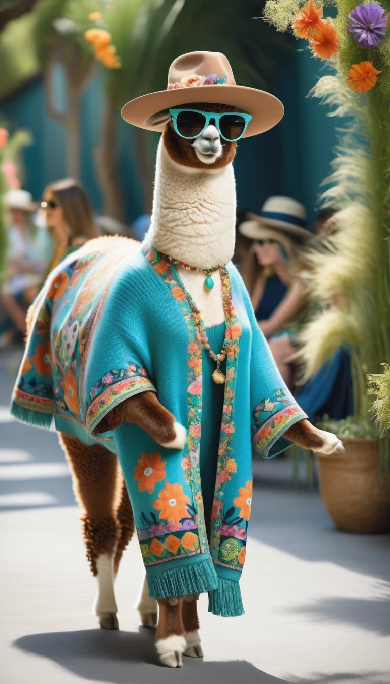 Cute alpaca fashion show， Alpaca Personified，whole body，Fashion trends for summer 2024，Floral，blue，green，color，Charming Alpaca，Enchanting Alpaca，Walking on a catwalk，Dynamic poses，Cool，sunglasses，necklace，hat，Fashion，make up，Cartoon，background：Fashion show catwalks