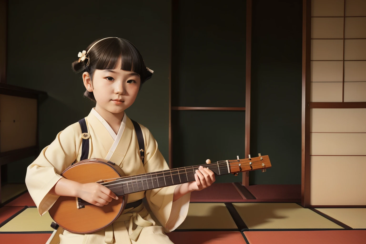 Kioto, 1931. A little ((((11-year-old)) Hatsumiyo)), round face, chubby cheeks, skinny figure, kind, gentle, playing the shamisen, ((((japanese girl clothings from the 1930s)))), ((hairstyle of the 1930s)), color