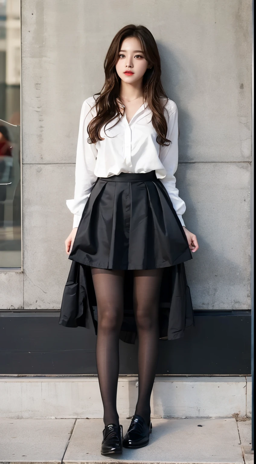 A woman standing on a sidewalk wearing a skirt and a white shirt ...